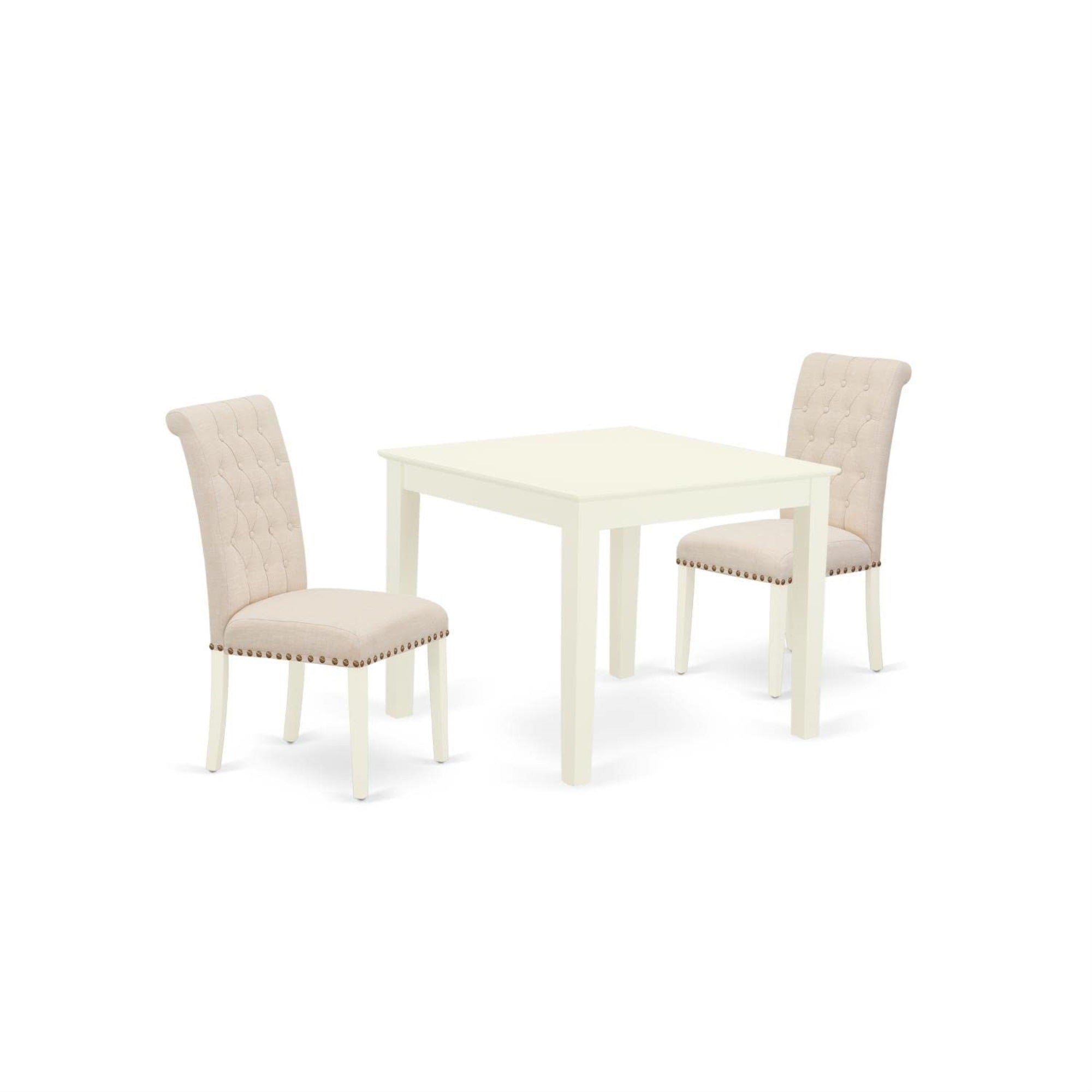 Casafoyer Oxbr3-Lwh-02 Oxford 3 Piece Room Furniture Set Contains A Square Dining Table And 2 Light Beige Linen Fabric Parsons Chairs, 36X36 Inch