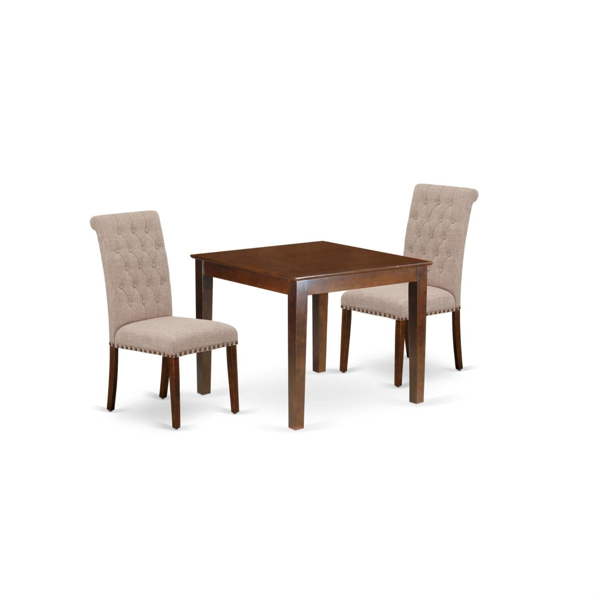 Casafoyer Oxbr3-Mah-04 3 Piece Dining Room Furniture Set Contains A Square Dining Table And 2 Light Tan Linen Fabric Upholstered Chairs, 36X36 Inch, Mahogany