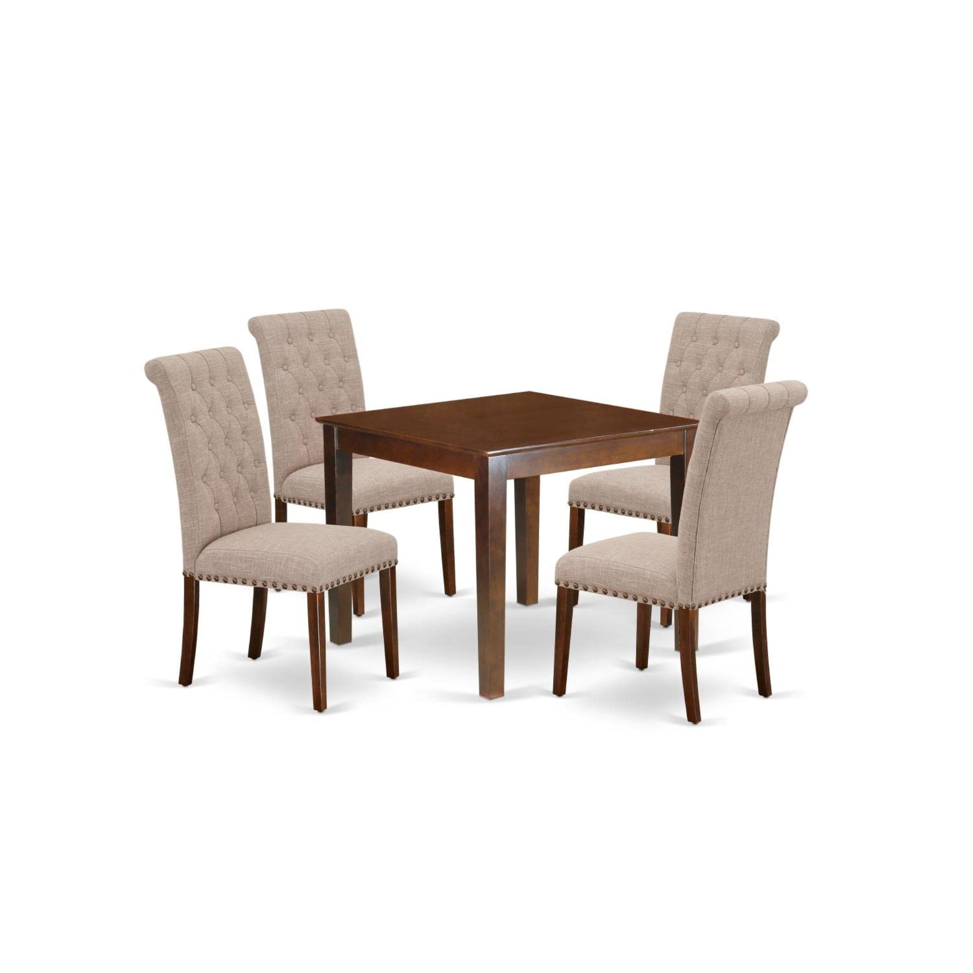 Casafoyer Oxbr5-Mah-04 Oxford 5 Piece Dining Room Set Includes A Square Wooden Table And 4 Light Tan Linen Fabric Upholstered Parson Chairs, 36X36 Inch