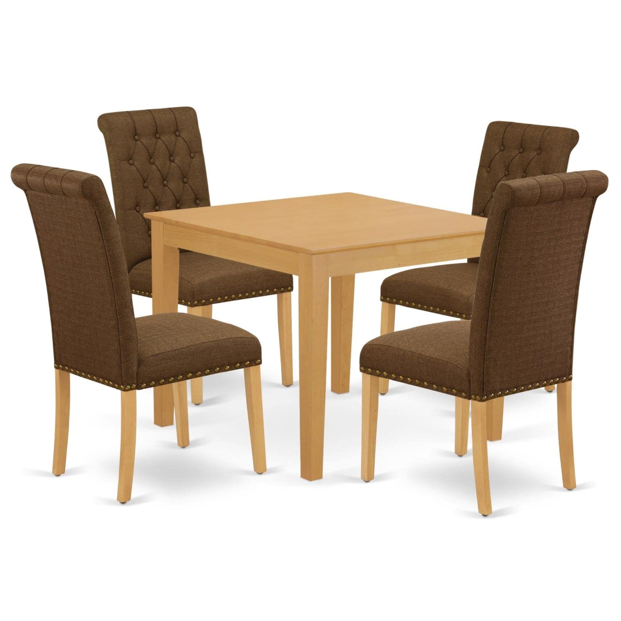 Casafoyer Oxbr5-Oak-18 Oxford 5 Piece Room Furniture Set Includes A Square Dining Table And 4 Brown Linen Fabric Upholstered Chairs, 36X36 Inch