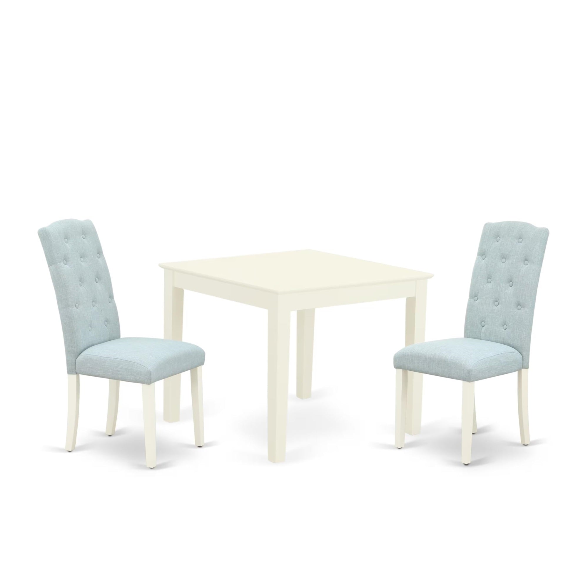 Casafoyer Oxce3-Lwh-15 3 Piece Dining Table Set For Small Spaces Contains A Square Dining Room Table And 2 Baby Blue Linen Fabric Upholstered Chairs, 36X36 Inch, Linen White