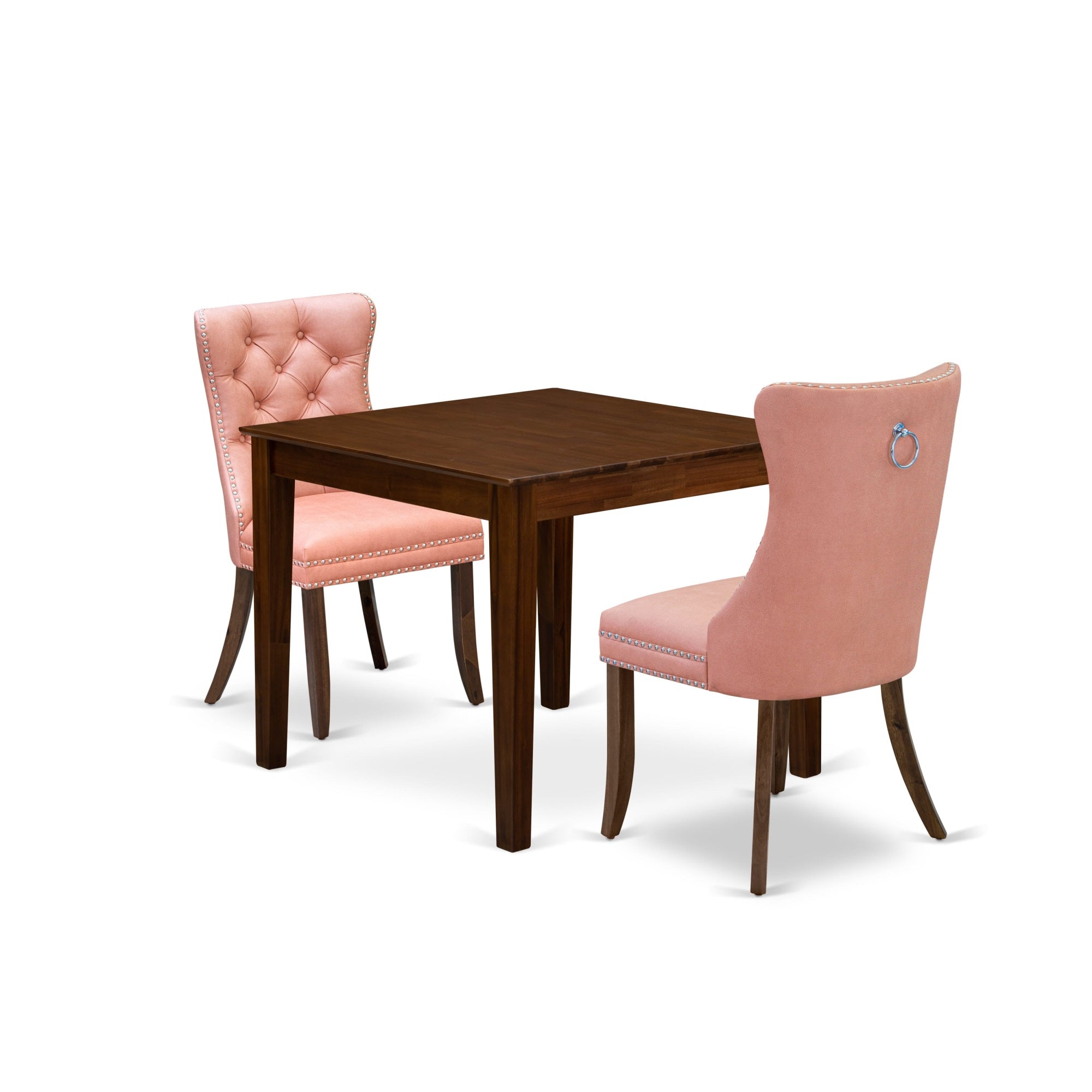 East West Furniture Oxda3-Awa-23 3 Piece Dining Room Furniture Set Includes A Square Solid Wood Table And 2 Upholstered Parson Chairs, 36X36 Inch, Antique Walnut