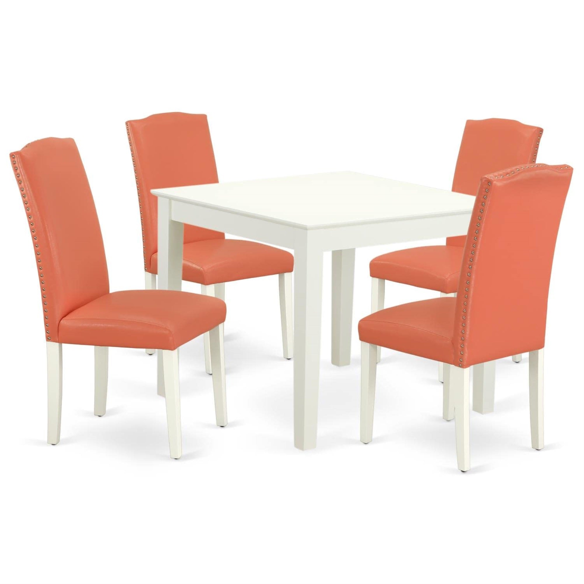 Casafoyer Oxen5-Lwh-78 5 Piece Modern Dining Table Set Includes A Square Wooden Table And 4 Pink Flamingo Faux Leather Upholstered Chairs, 36X36 Inch, Linen White