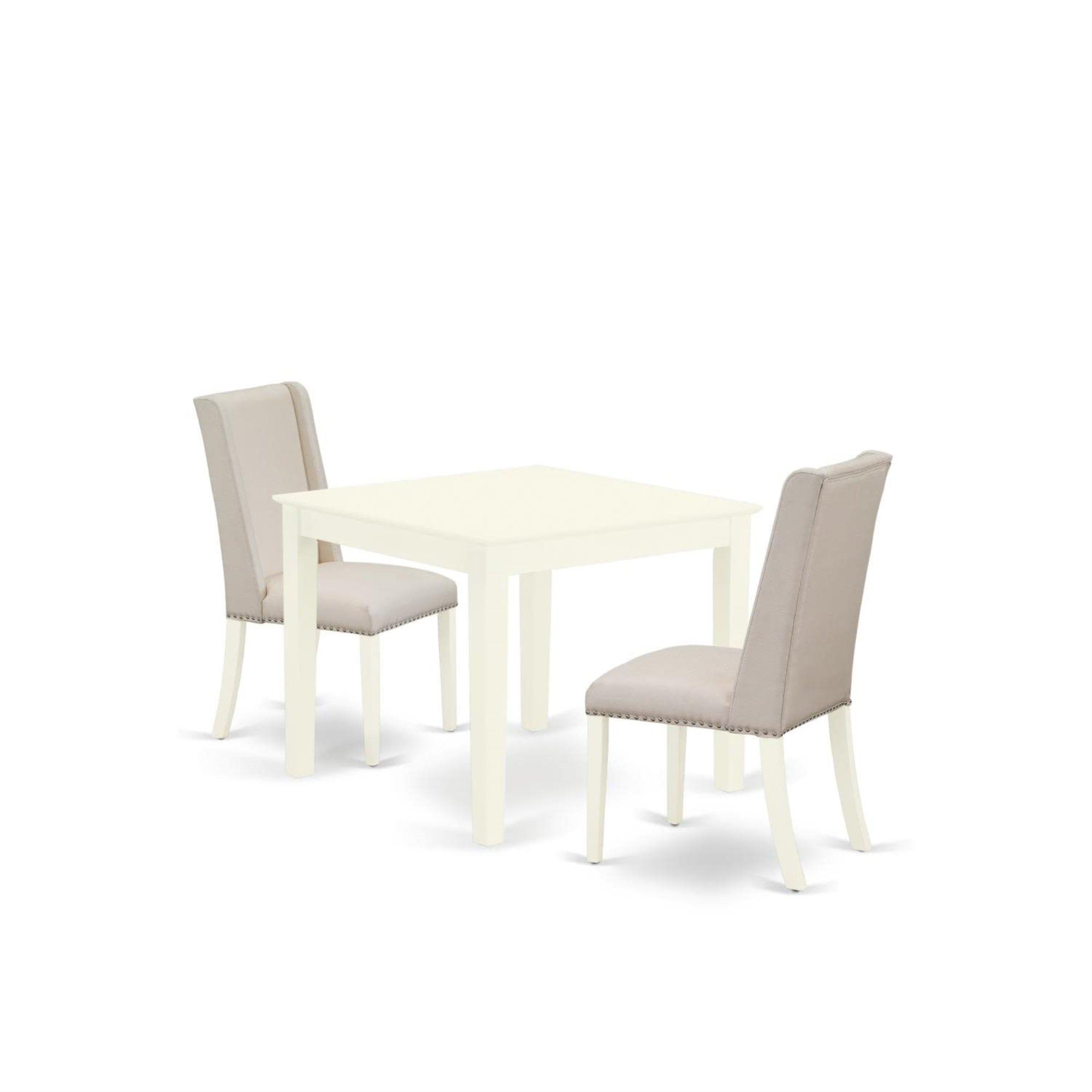 Casafoyer Oxfl3-Lwh-01 Oxford 3 Piece Kitchen Set Contains A Square Dining Room Table And 2 Cream Linen Fabric Upholstered Parson Chairs, 36X36 Inch