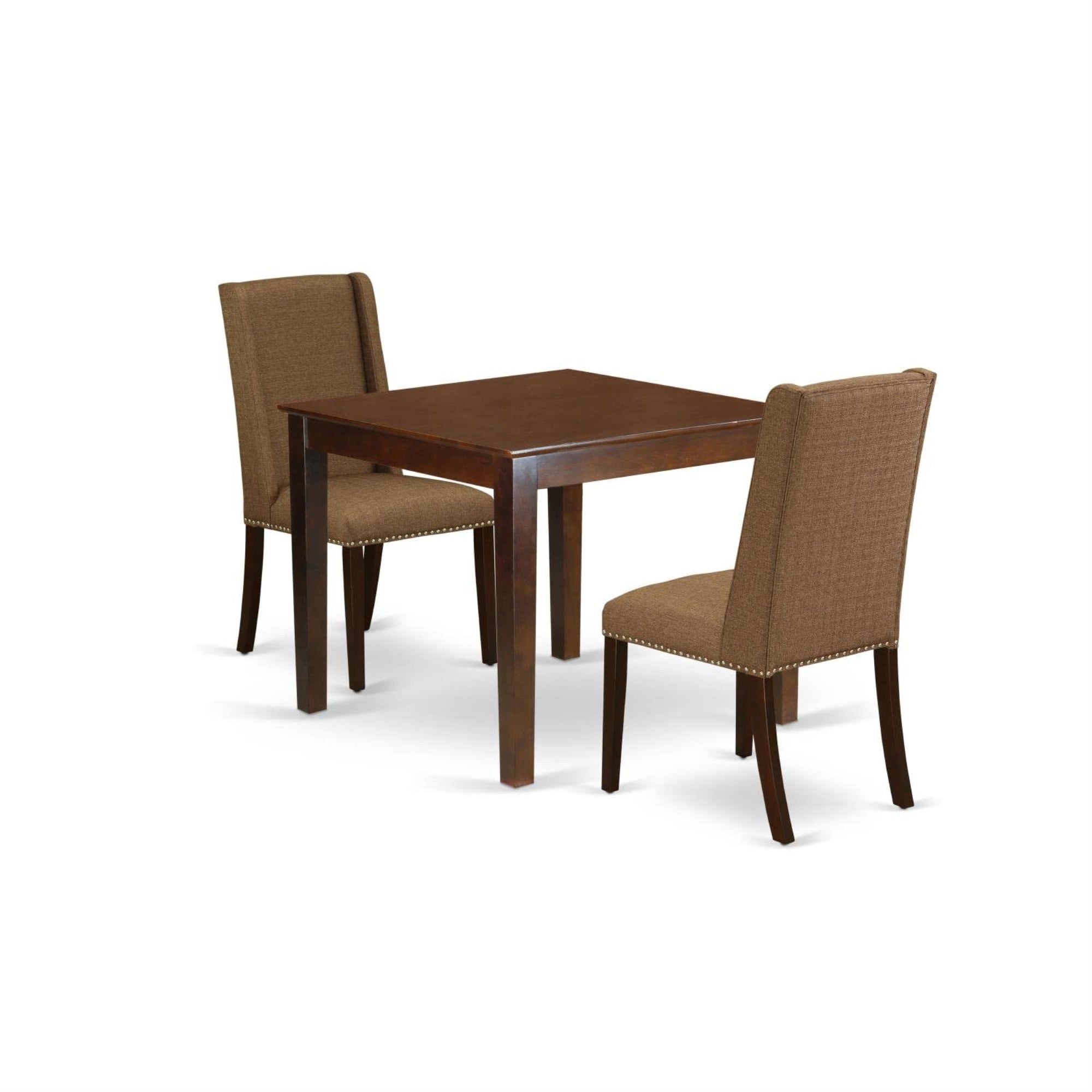 Casafoyer Oxfl3-Mah-18 Oxford 3 Piece Modern Dining Set Contains A Square Wooden Table And 2 Brown Linen Fabric Upholstered Chairs, 36X36 Inch