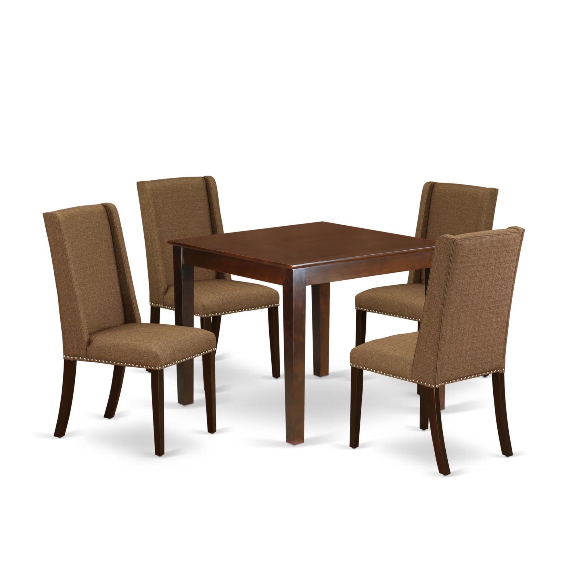 Casafoyer Oxford 5 Piece Set For 4 Includes A Square Kitchen Table And 4 Brown Linen Fabric Parson Dining Chairs, 36X36 Inch, Mahogany