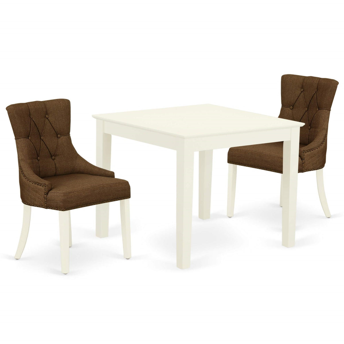 East West Furniture Oxfr3-Lwh-18 Oxford 3 Piece Dinette Set For Small Spaces Contains A Square Dining Room Table And 2 Brown Linen Fabric Upholstered Parson Chairs, 36X36 Inch