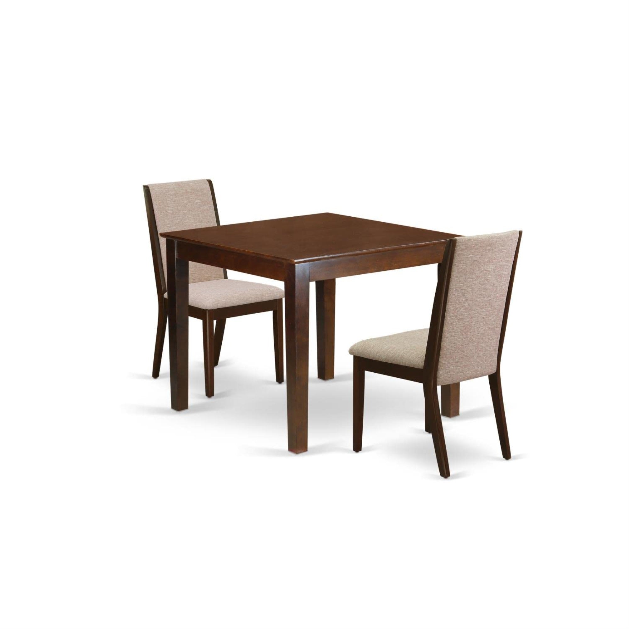 Casafoyer Oxla3-Mah-04 3 Piece Dining Room Furniture Set Contains A Square Dining Table And 2 Light Tan Linen Fabric Upholstered Chairs, 36X36 Inch, Mahogany