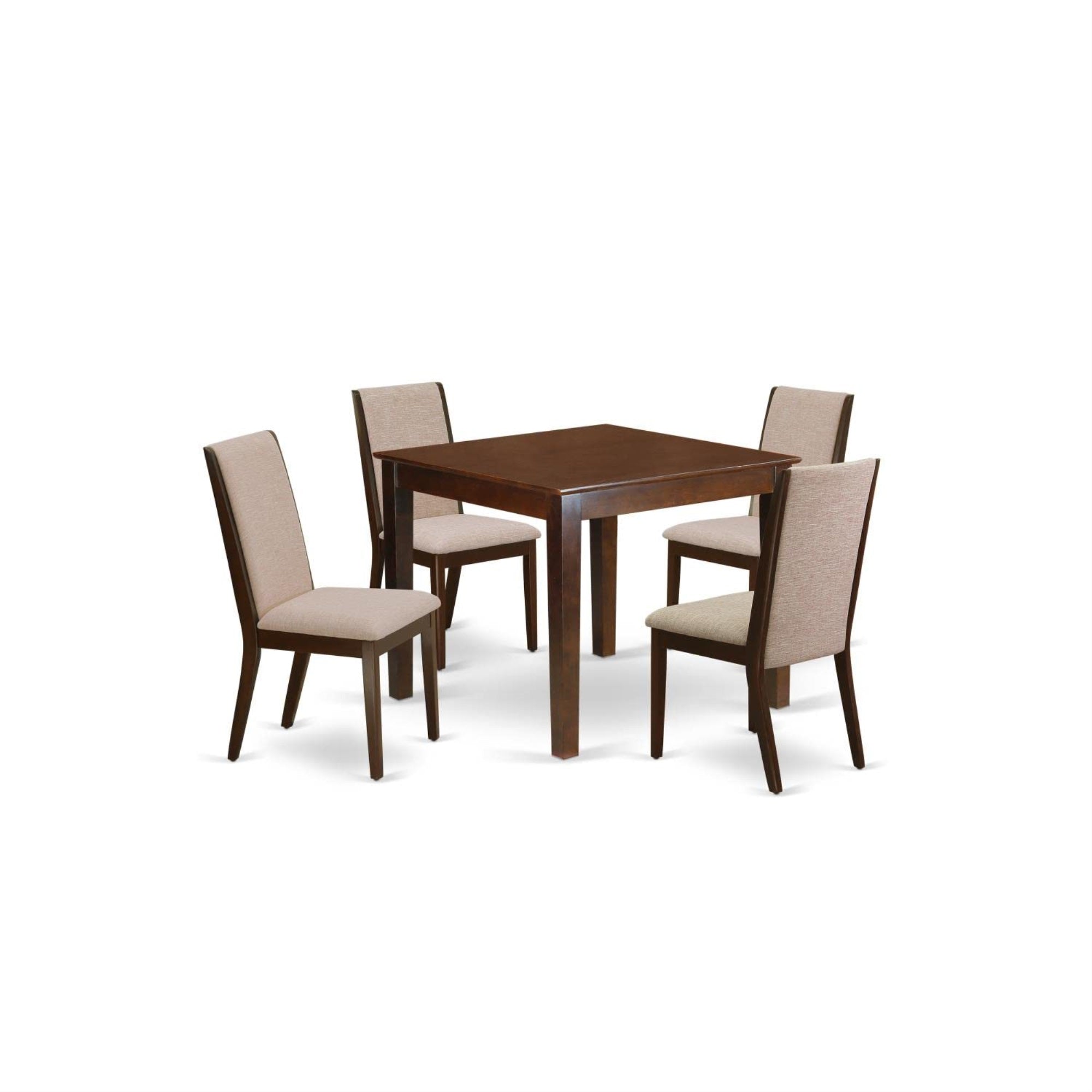 Casafoyer Oxla5-Mah-04 5 Piece Dinette Set For 4 Includes A Square Dining Room Table And 4 Light Tan Linen Fabric Upholstered Parson Chairs, 36X36 Inch, Mahogany