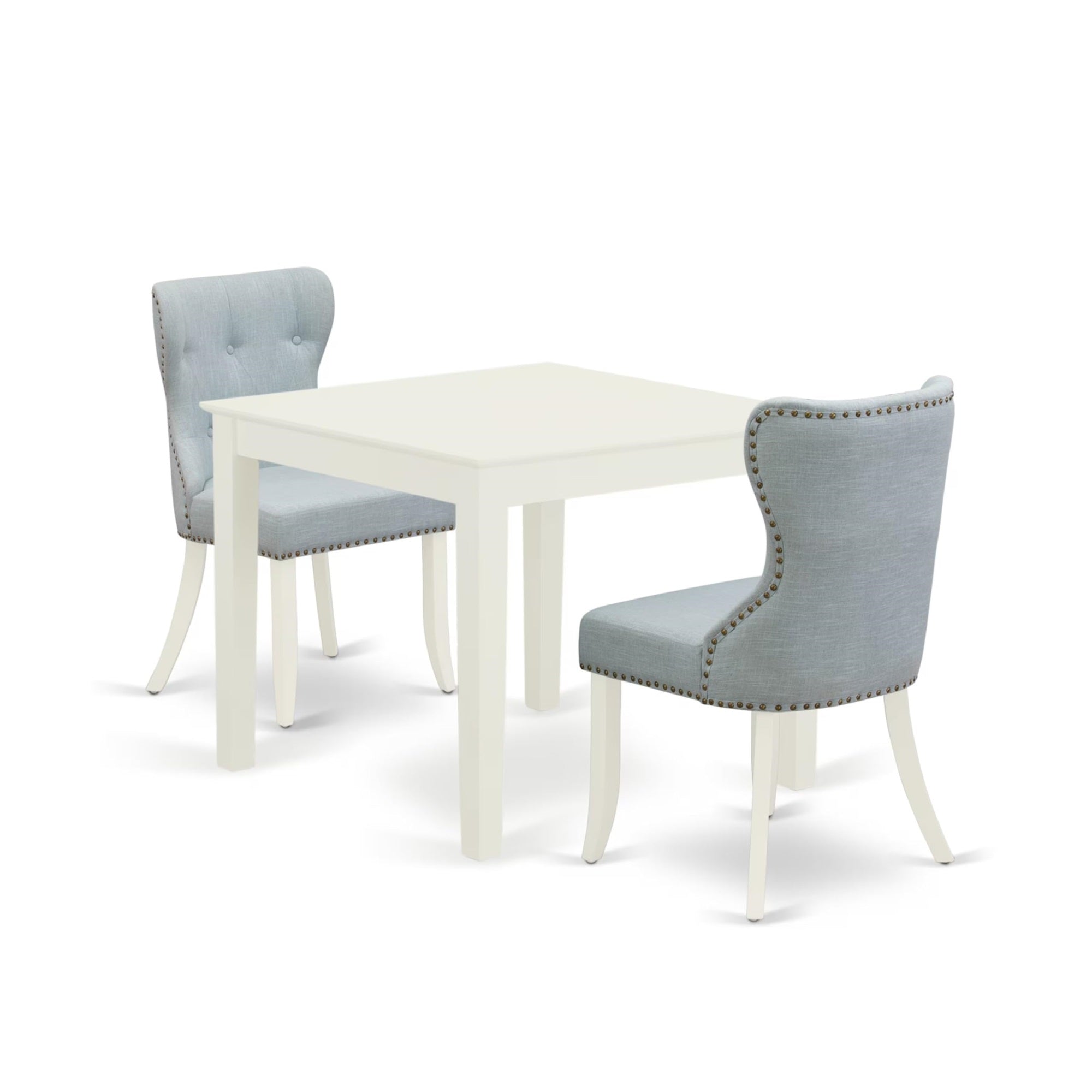 Casafoyer Oxford 3 Piece Room Furniture Set Contains A Square Dining Table And 2 Baby Blue Linen Fabric Upholstered Parson Chairs, 36X36 Inch, Oxsi3-Lwh-15