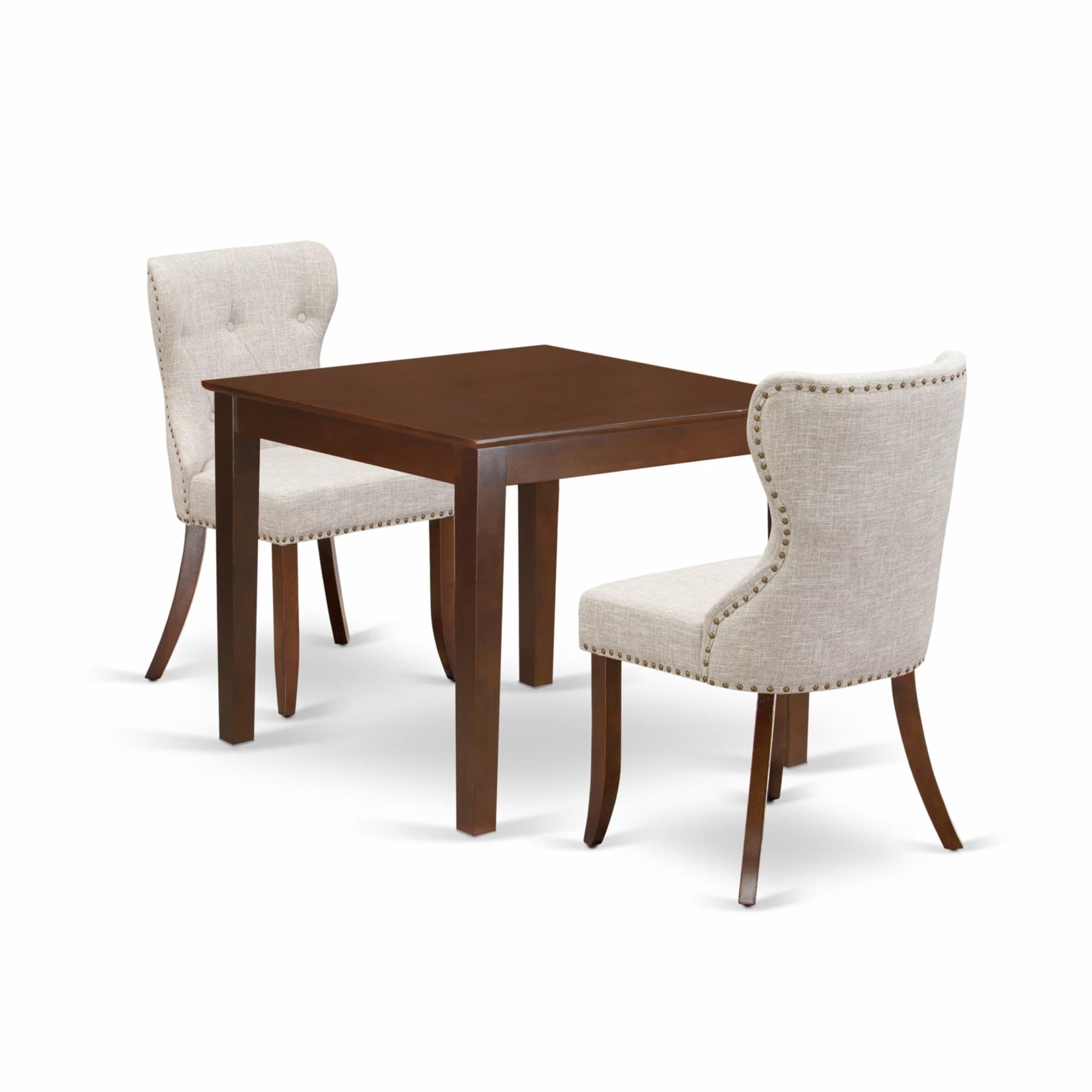 Casafoyer Oxsi3-Mah-35 3 Piece Dining Room Furniture Set Contains A Square Dining Table And 2 Doeskin Linen Fabric Upholstered Chairs, 36X36 Inch, Mahogany
