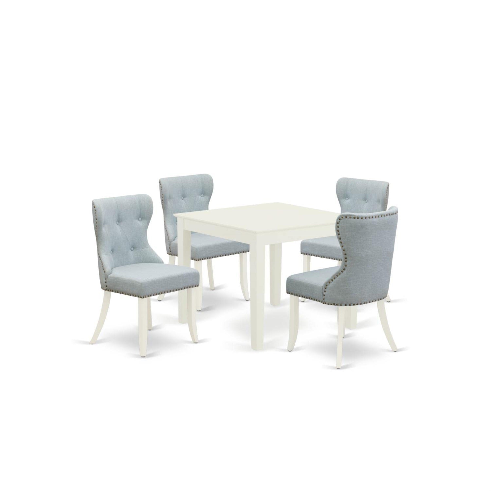 Casafoyer Oxsi5-Lwh-15 5 Piece Dining Table Set For 4 Includes A Square Kitchen Table And 4 Baby Blue Linen Fabric Upholstered Parson Chairs, 36X36 Inch, Linen White