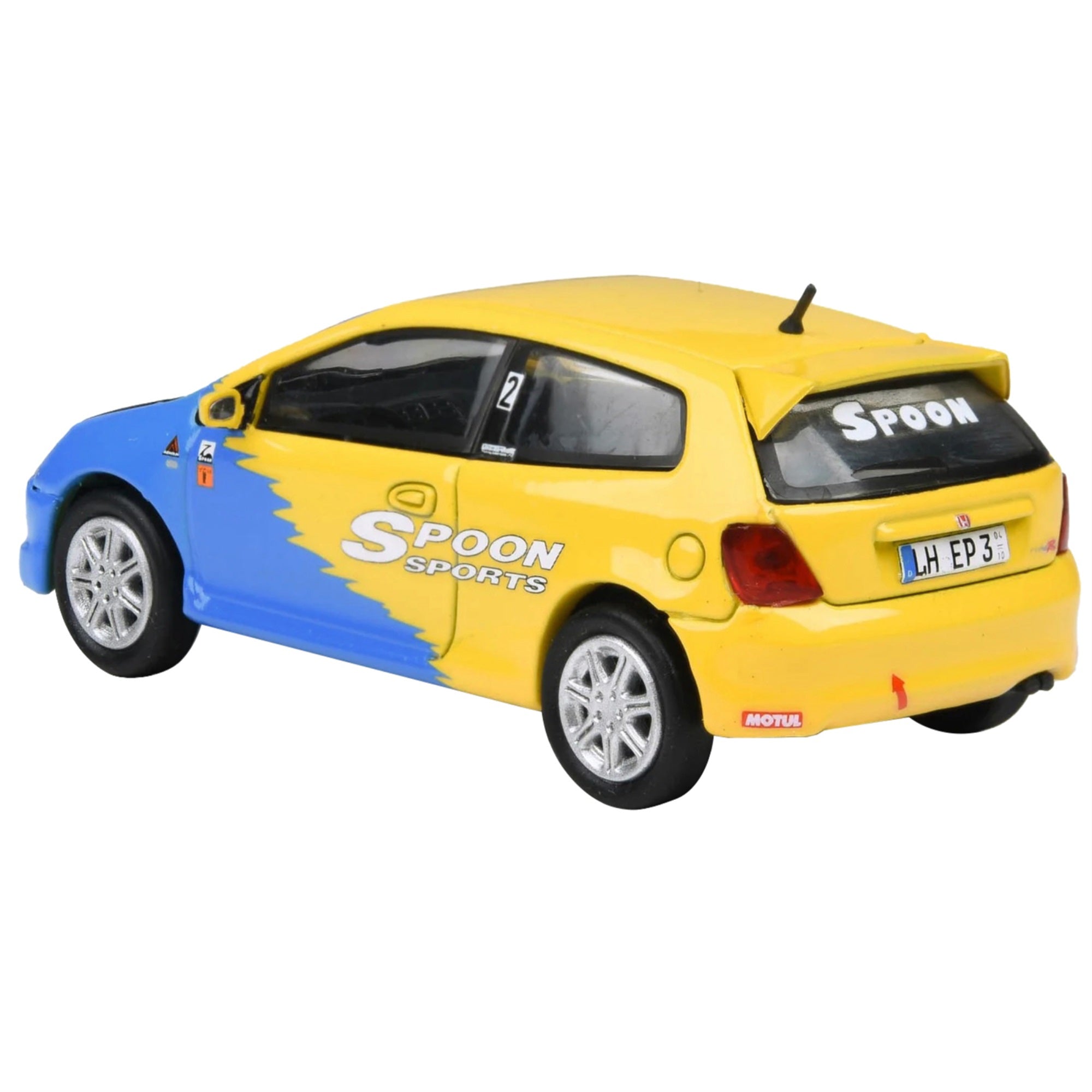 2001 Honda Civic Type R Ep3 Blue And Yellow With Black Hood 'Spoon Sports' 1/64 Diecast Model Car By Paragon Models