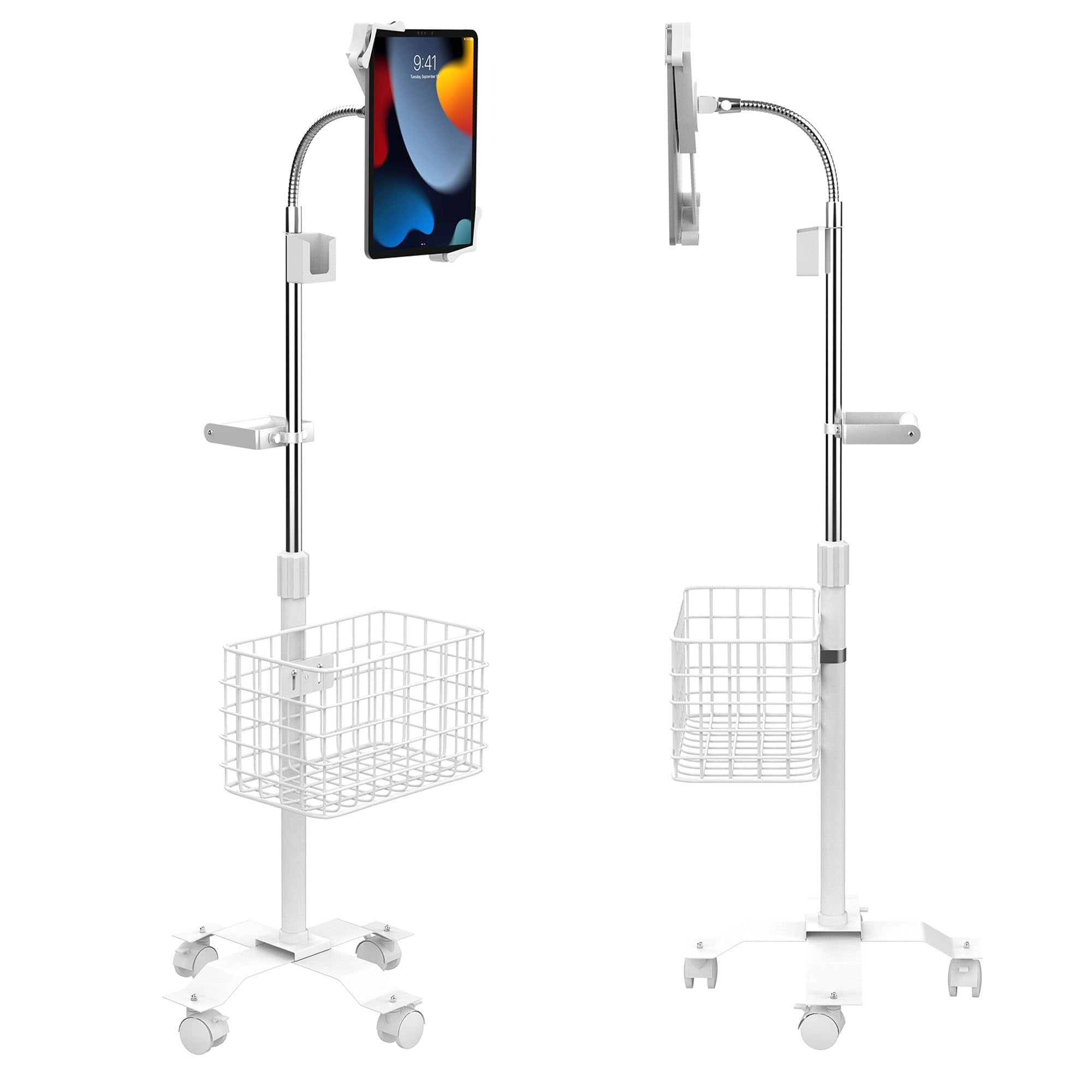 Compact Gooseneck Floor Stand with Accessories for 7-13-Inch Tablets (White)