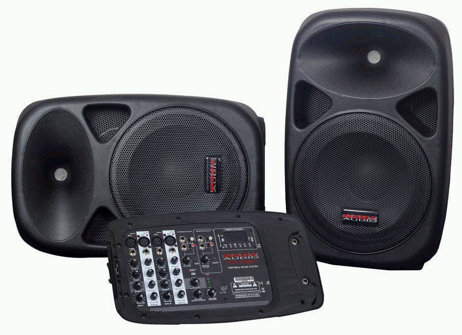Ultra Compact Portable Pa System W/2 Speakers W/Bluetooth & 8-Channel Powered Mixer W/(2X) 2 18 Foot Speaker Cables