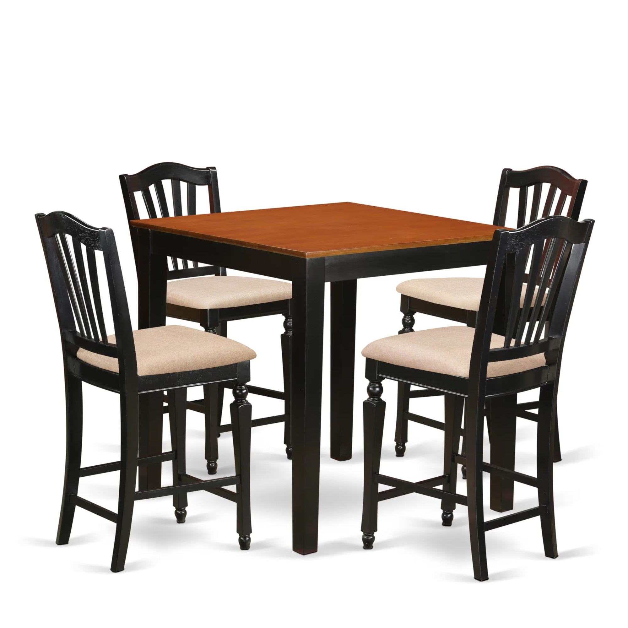 Casafoyer Pbch5-Blk-C Pub 5 Piece Kitchen Counter Set Includes A Square Table And 4 Linen Fabric Dining Room Chairs, 36X36 Inch, Black & Cherry