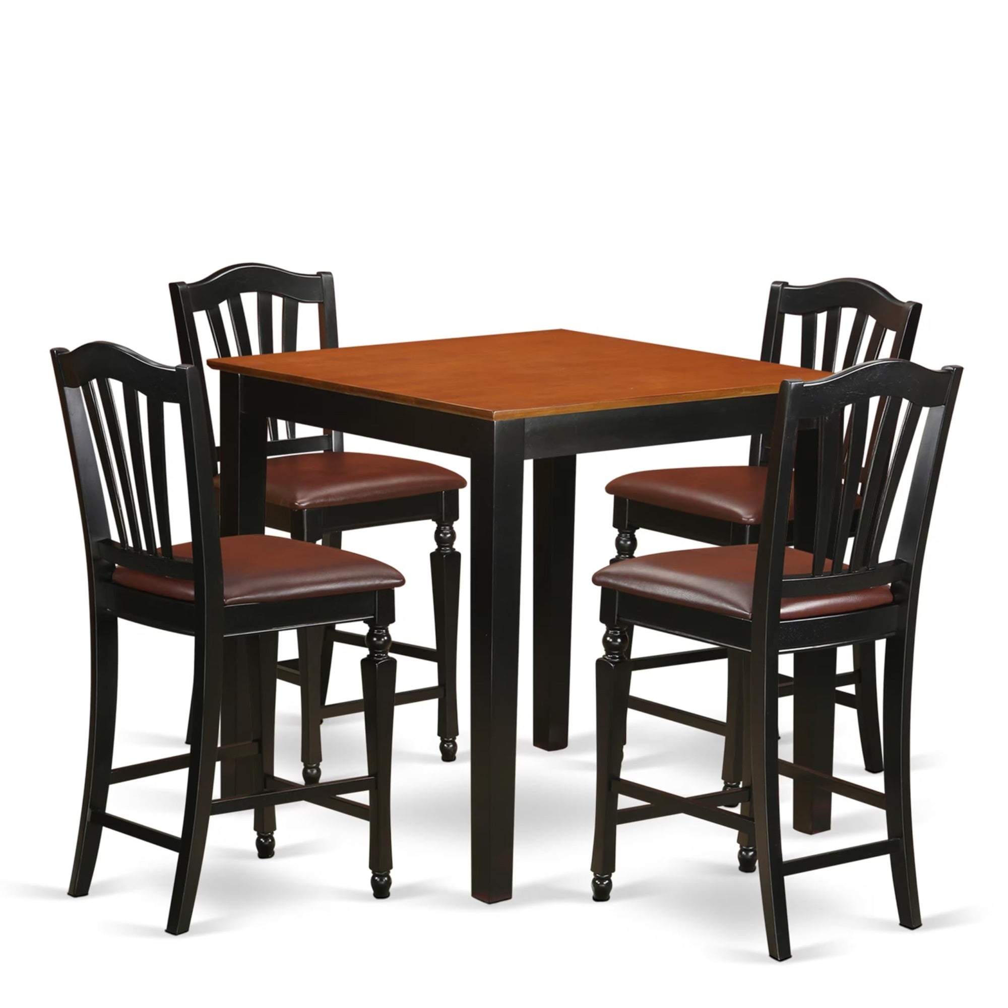 Casafoyer Pbch5-Blk-Lc 5 Piece Kitchen Counter Height Dining Table Set Includes A Square Dining Room Table And 4 Faux Leather Upholstered Chairs, 36X36 Inch, Black & Cherry