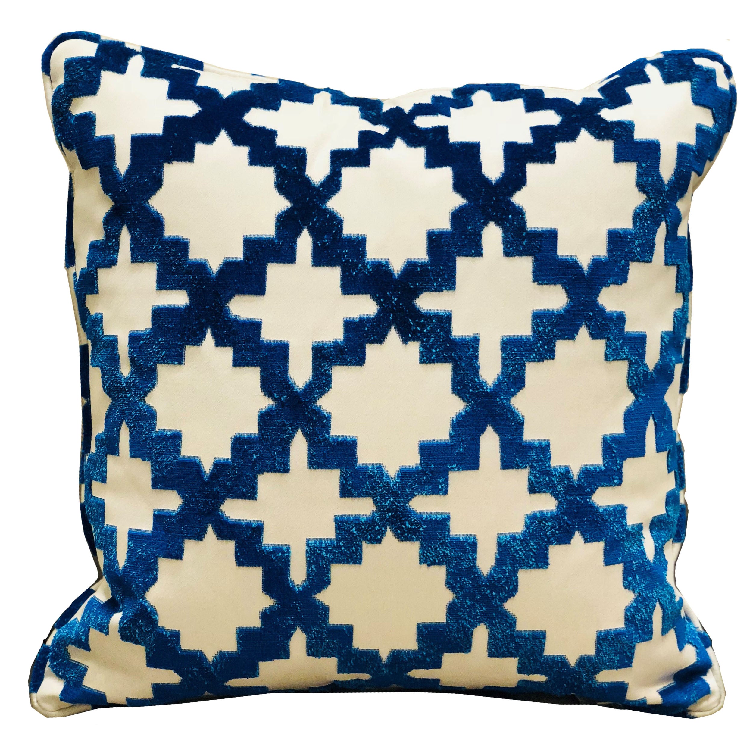 Plutus Velvety French Medallion Blue And Off White Geometric Luxury Throw Pillow Double Sided  24 X 24