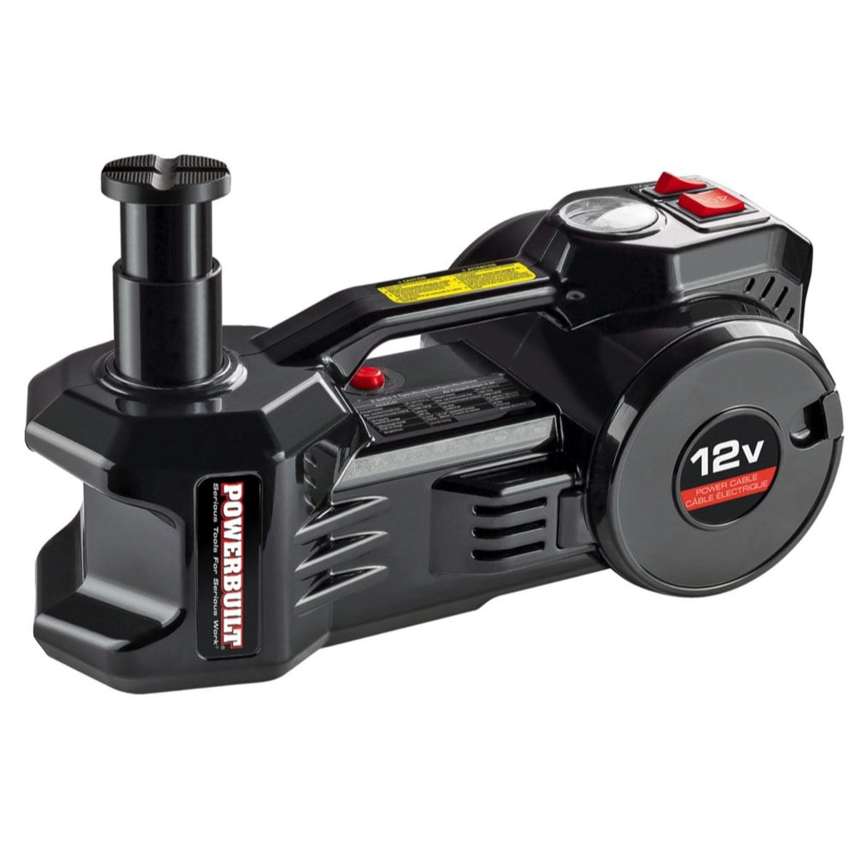 Powerbuilt 12 Volt Electric Jack And Tire Inflator Combo, 2 In 1, Fix Flat Tire Or Vehicle Lift With 1 Ton Capacity Emergency Roadside Use Car Battery Charge, 620484