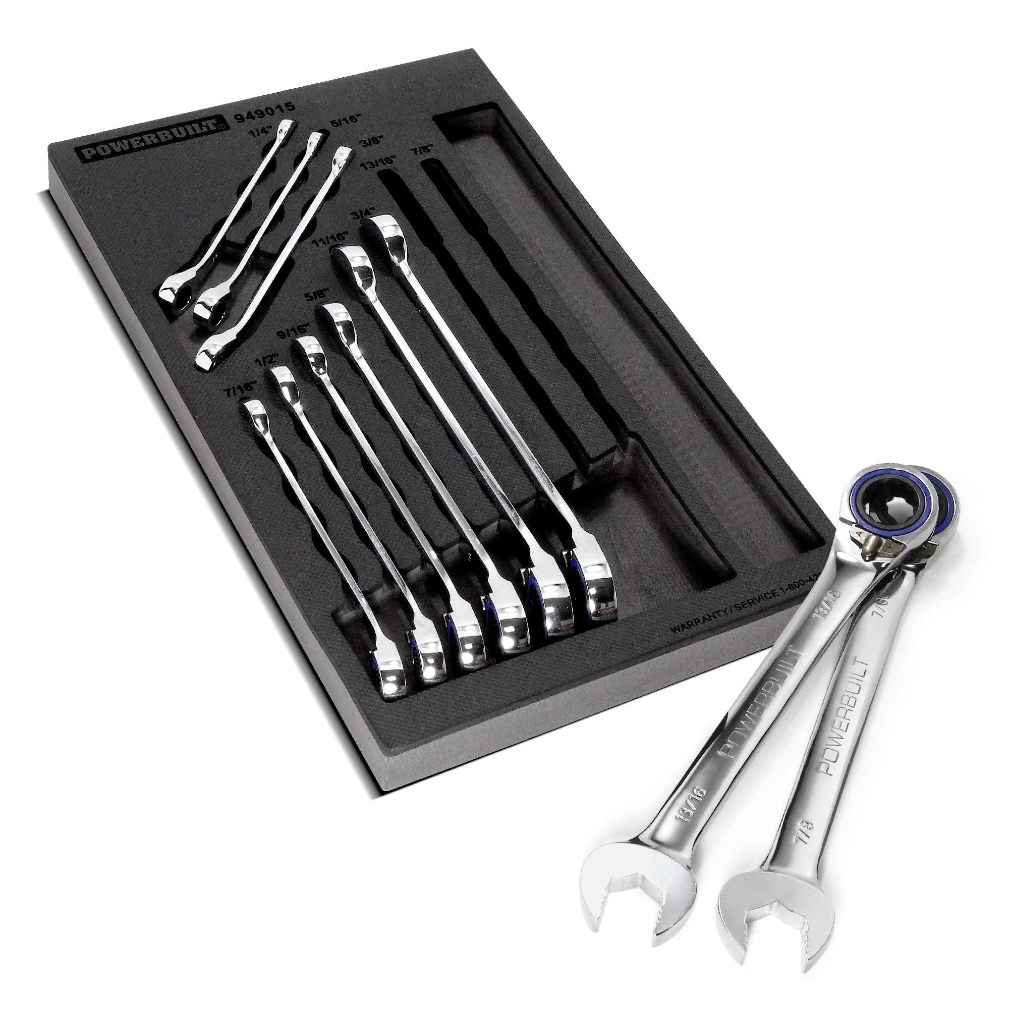 Powerbuilt Sae Reversible Ratcheting Wrench Set, 11 Piece, 72 Tooth Switch Control, 5 Degree, Non-Slip Open End, Storage Tray - 949015