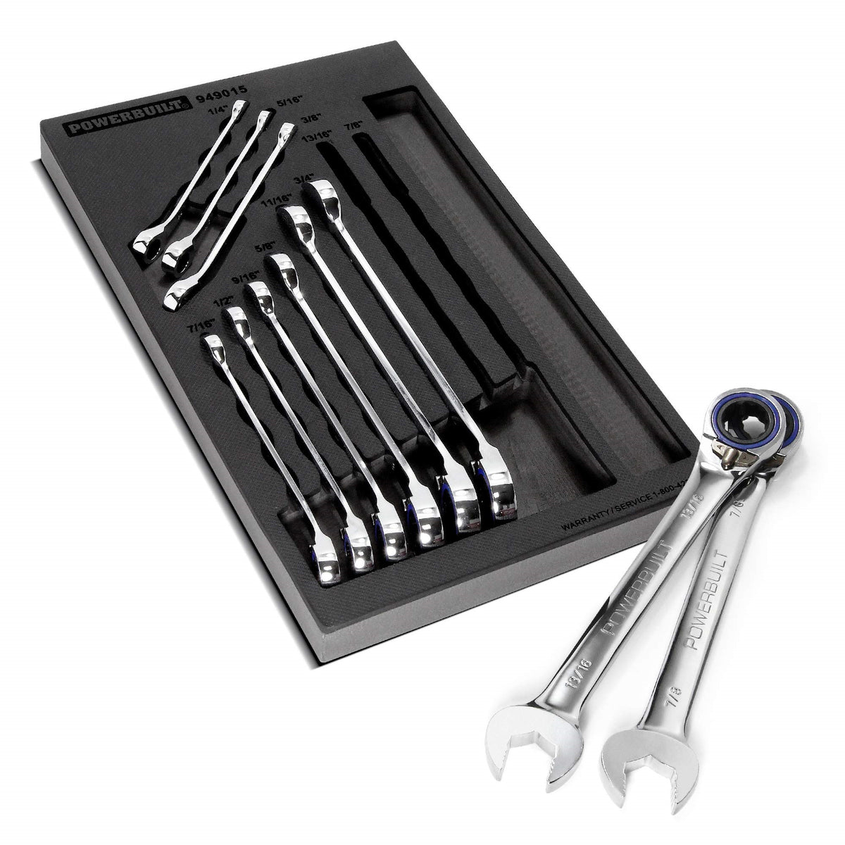 Powerbuilt Sae Reversible Ratcheting Wrench Set, 11 Piece, 72 Tooth Switch Control, 5 Degree, Non-Slip Open End, Storage Tray - 949015