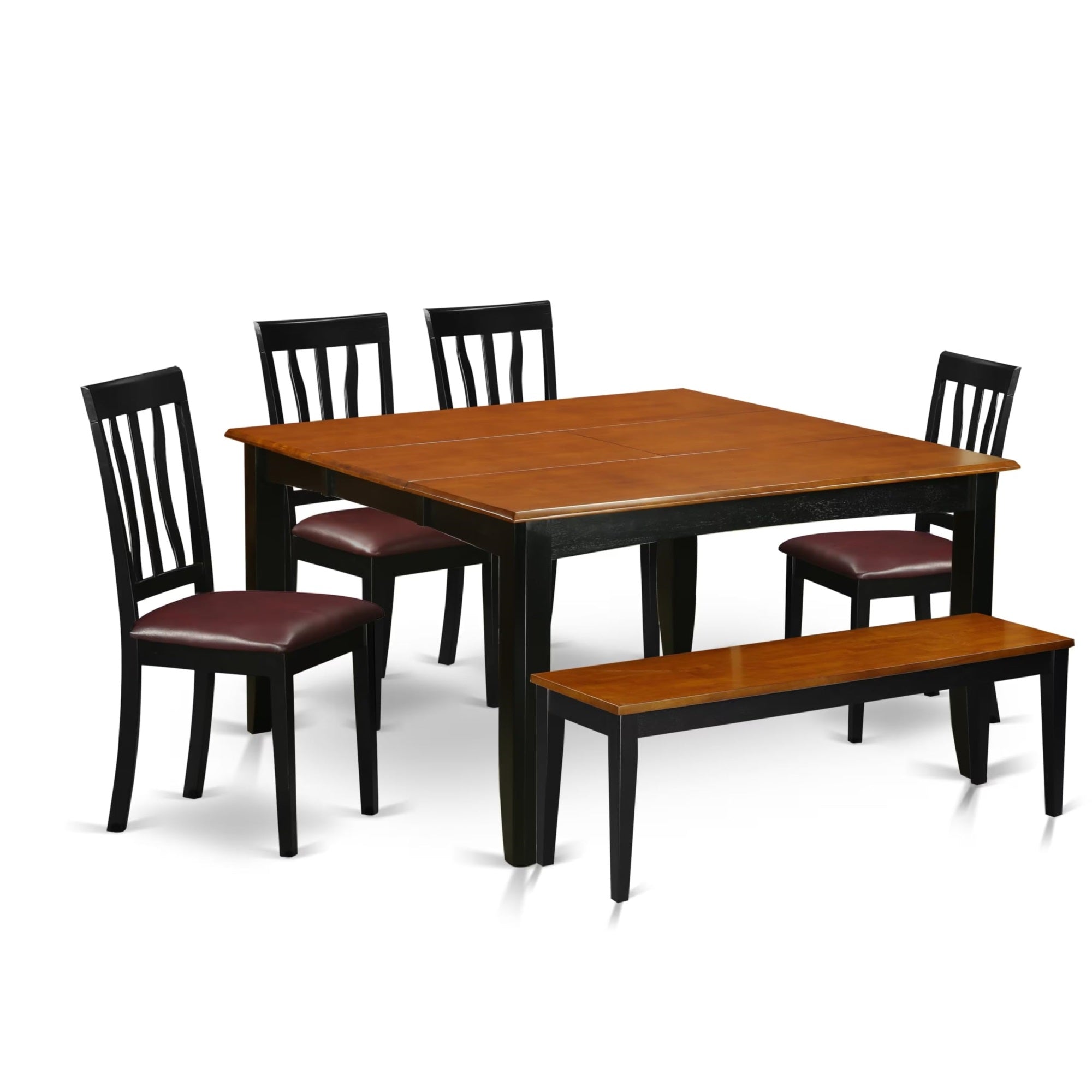 Casafoyer Pfan6-Bch-Lc 6 Piece Dining Room Table Set Contains A Square Kitchen Table With  Leaf And 4 Faux Leather Dining Chairs With A Bench, 54X54 Inch, Black & Cherry