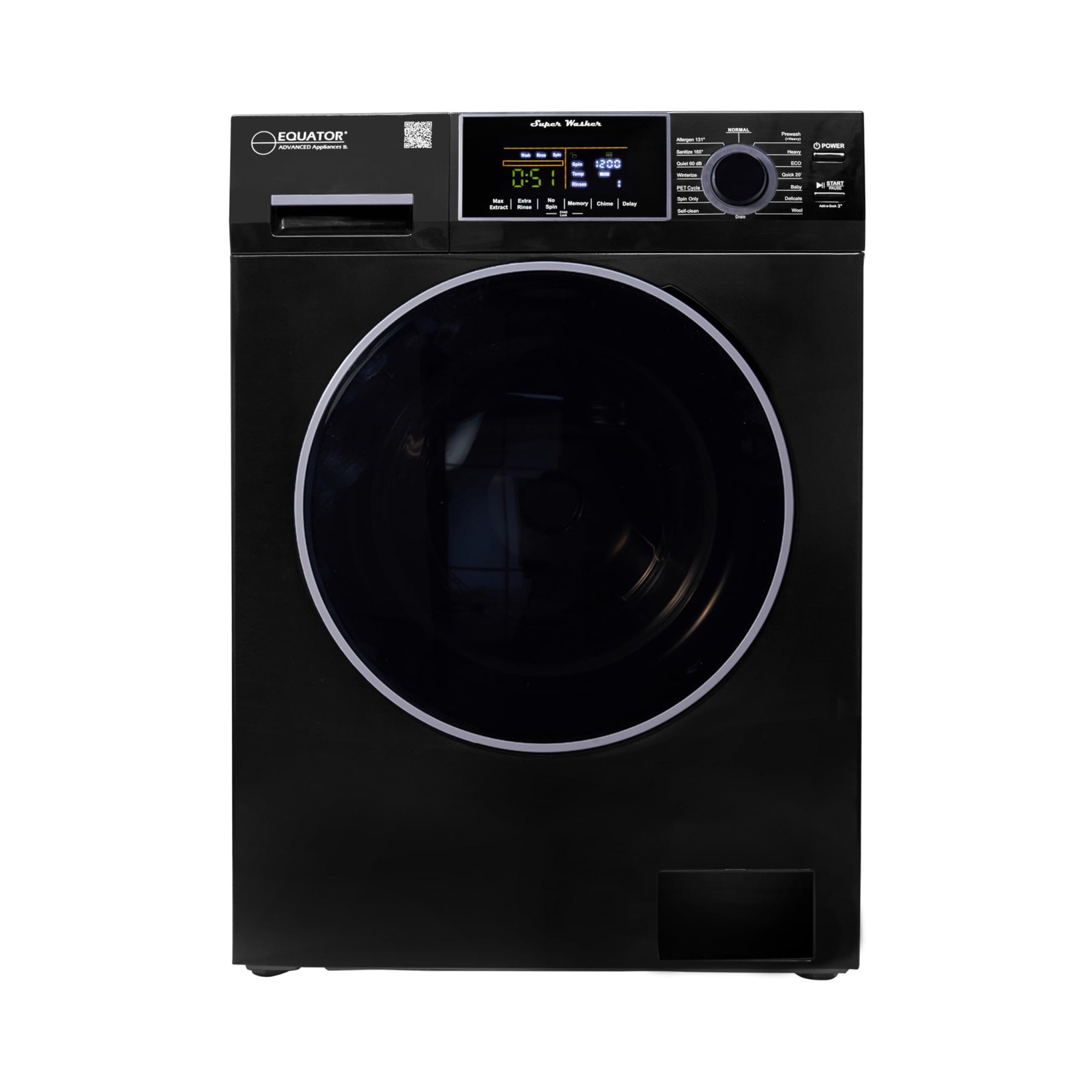 Equator Compact Washer 1.6Cf/15Lbs Pet Cycle 15 Programs 110V In Black