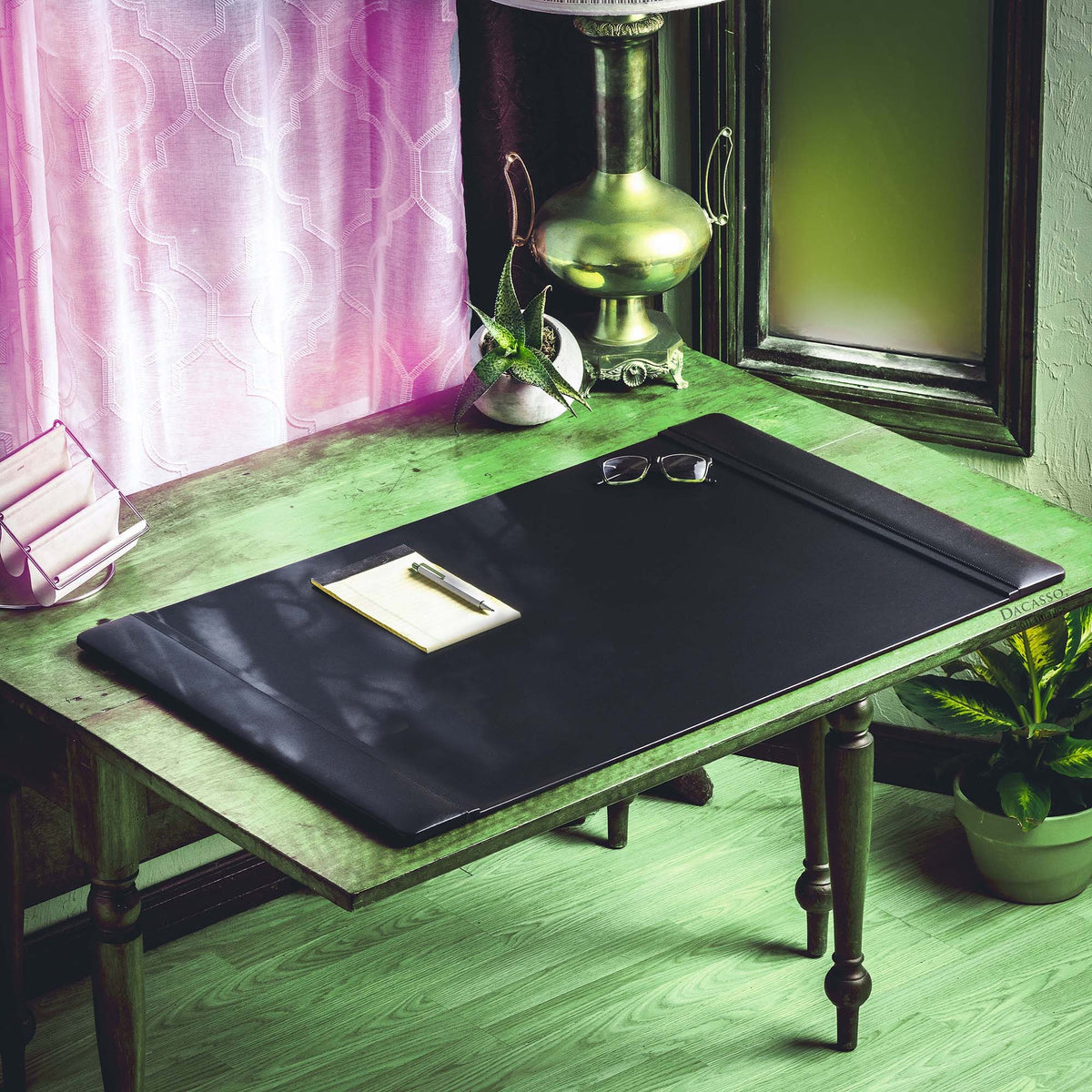 Black Leather Side-Rail Desk Pad/Desk Protector, 38 X 24