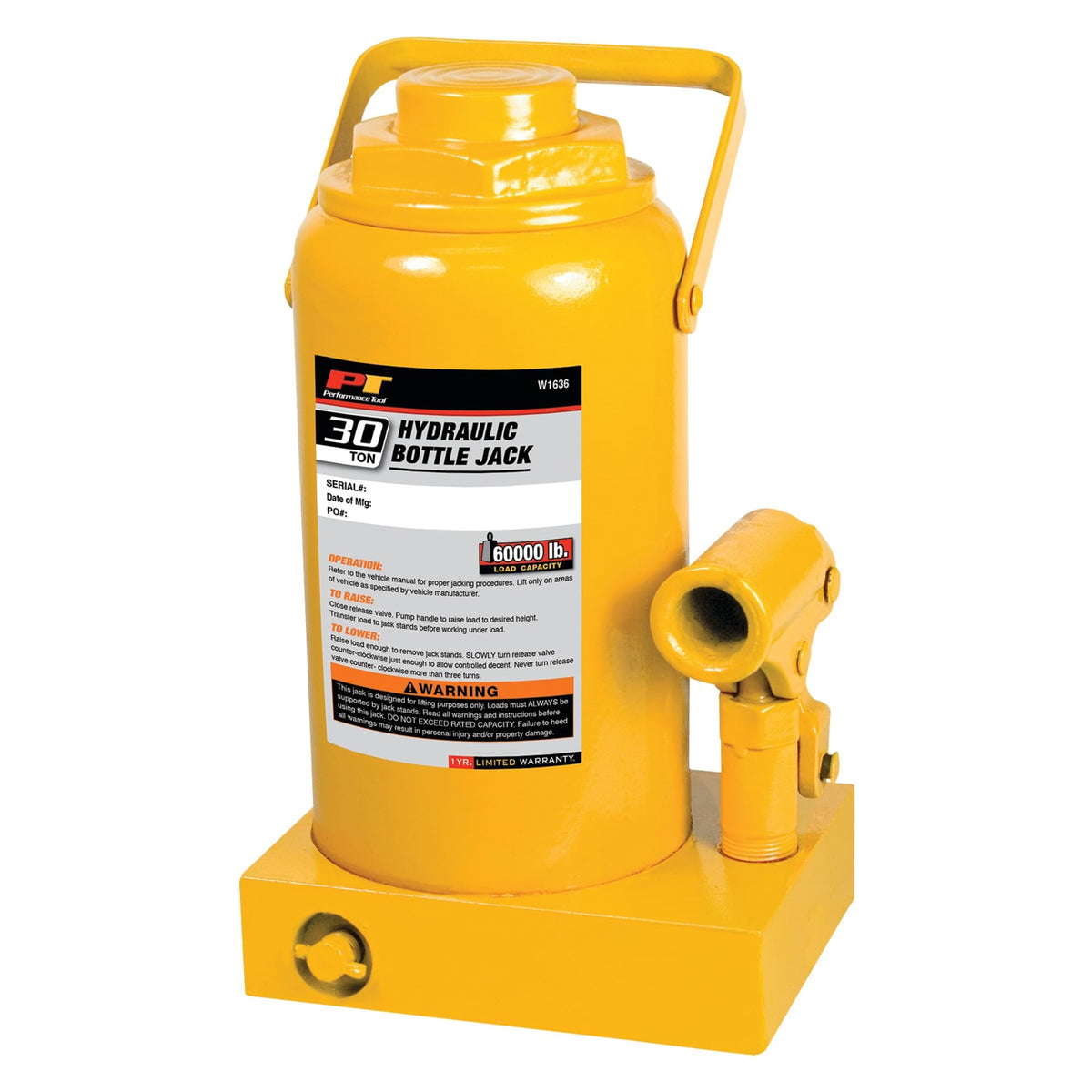 Performance Tool W1636 30 Ton (60,000 Lbs.) Heavy Duty Hydraulic Bottle Jack, Range: 11 1/4-Inch To 18 1/4-Inch