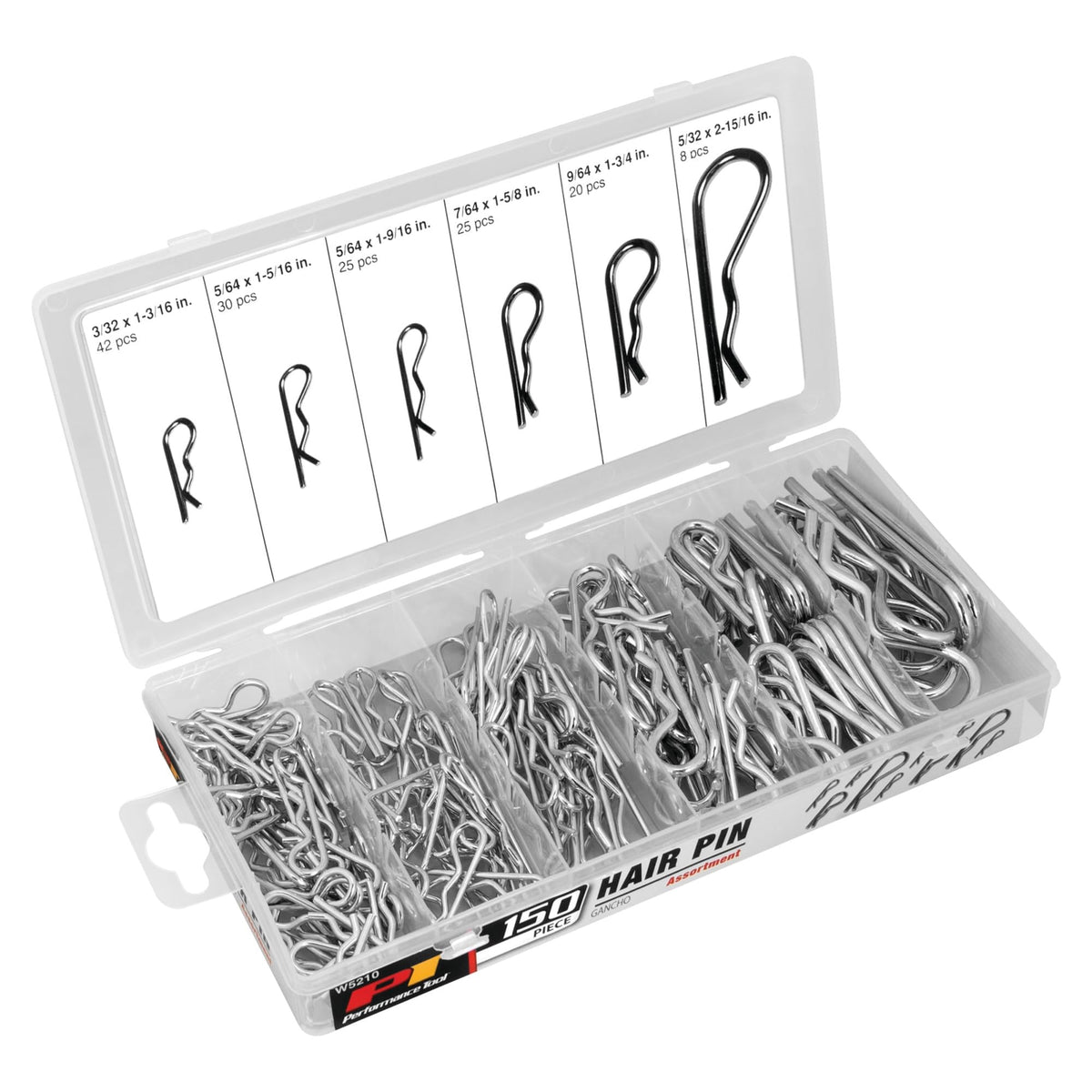 Performance Tool W5210 Hair Pin Assortment Kit, 150 Piece | Zinc Plated Steel Clips | For Use On Hitch Pin Lock System