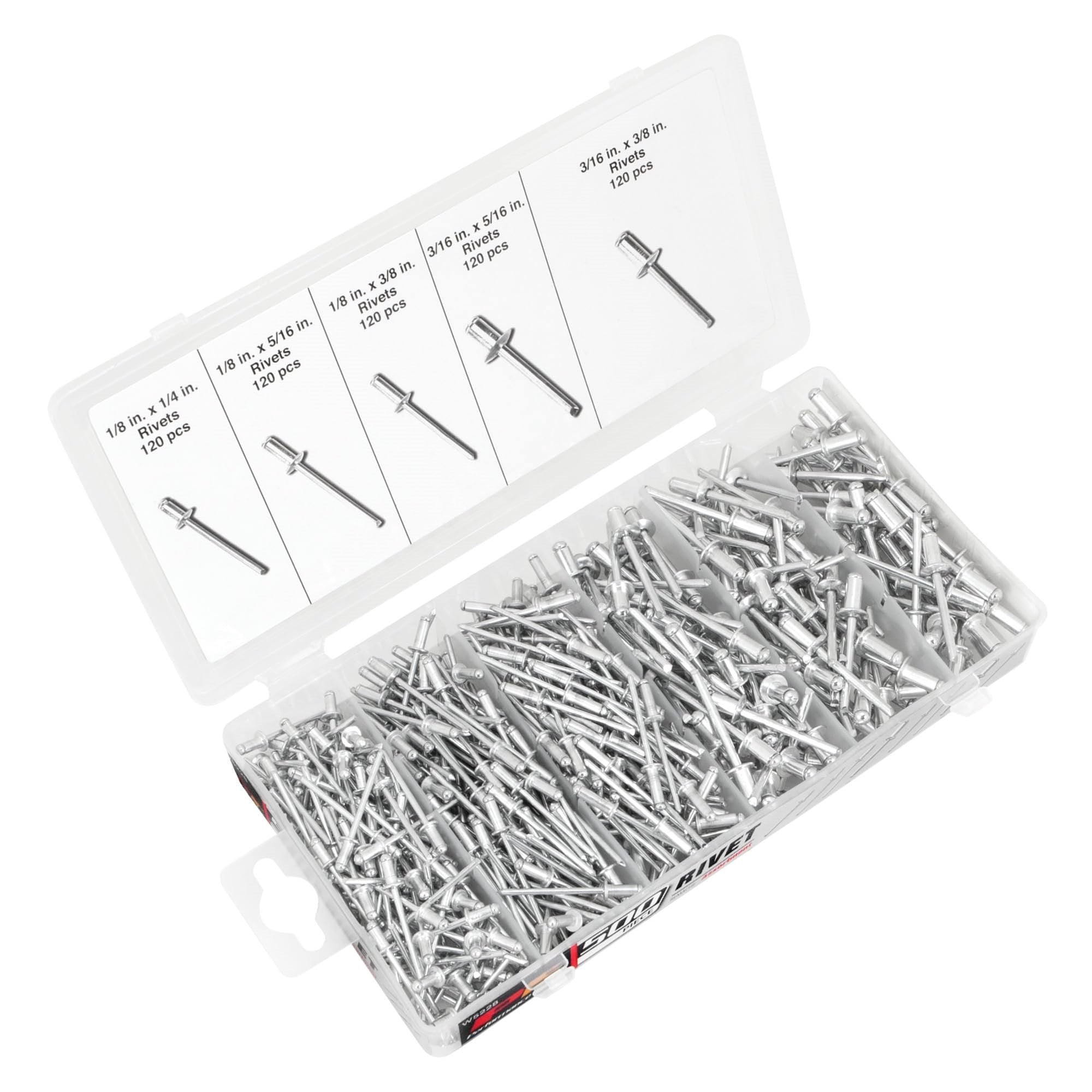 Performance Tool W5228 Aluminum Rivet Assortment Tool Set In A Re-Sealable Plastic Case, (500-Piece)