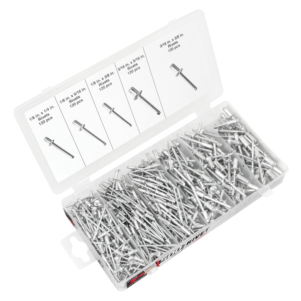 Performance Tool W5228 Aluminum Rivet Assortment Tool Set In A Re-Sealable Plastic Case, (500-Piece)