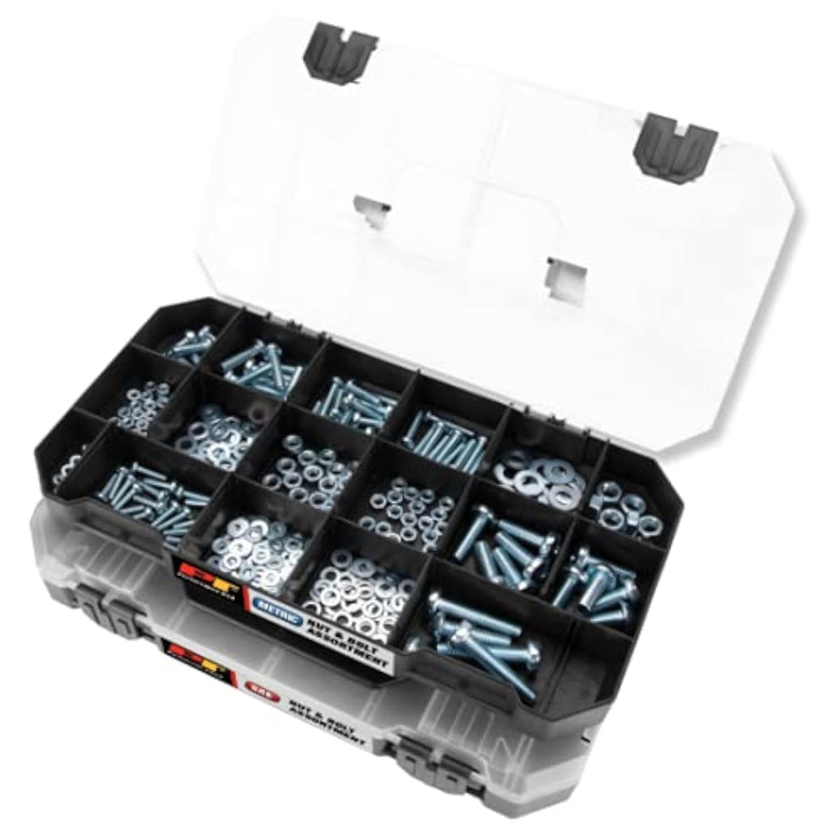 Performance Tool W5264 740Pc Hardware Assortment Kit With Sea & Metric Nuts, Bolts & Washers, Stacking Interlocking Clear Lid Bins For Maximum Portability, Black