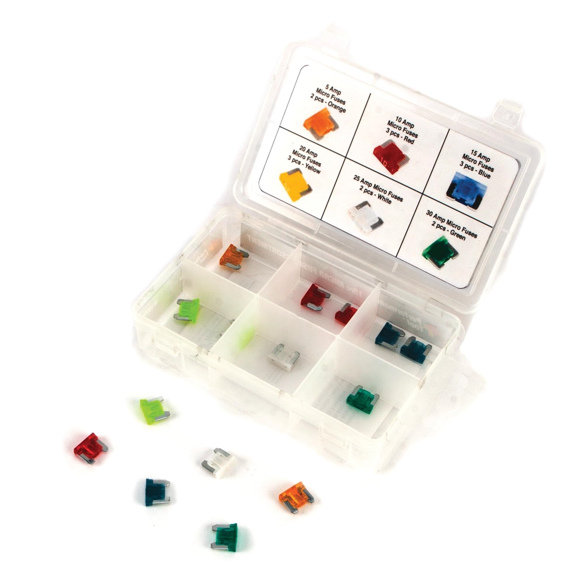 Performance Tool W5376 15-Piece Micro Fuse Assortment, Automotive Fuse Set With Wide Range Of Amp Ratings (5A, 10A, 15A, 20A, 25A, And 30A)