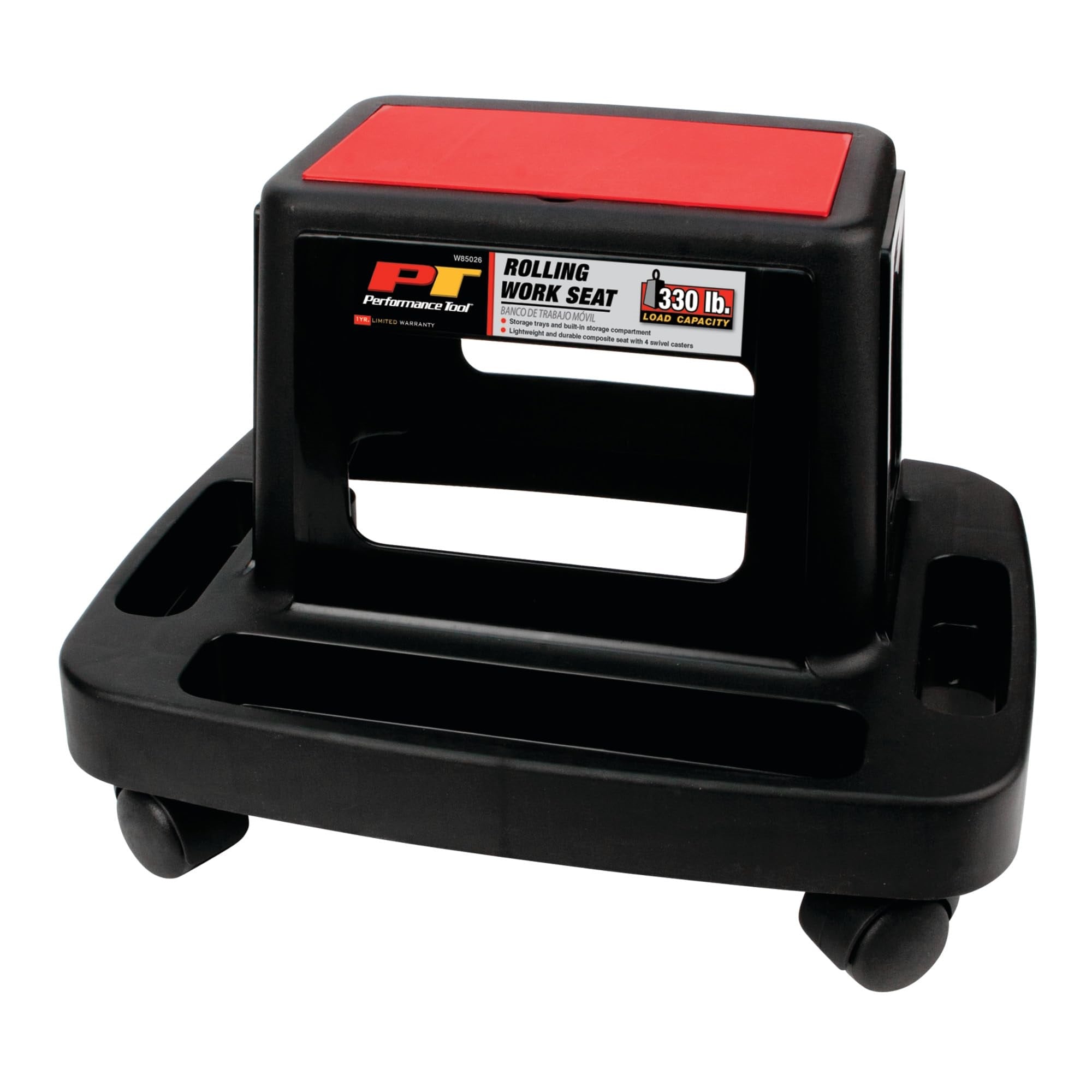 Performance Tool W85026 Multi-Slot Creeper Rolling Work Seat With Storage Tray For Mechanic Garages And Workshops, Black/Red, 18X13.4X12.4-Inches