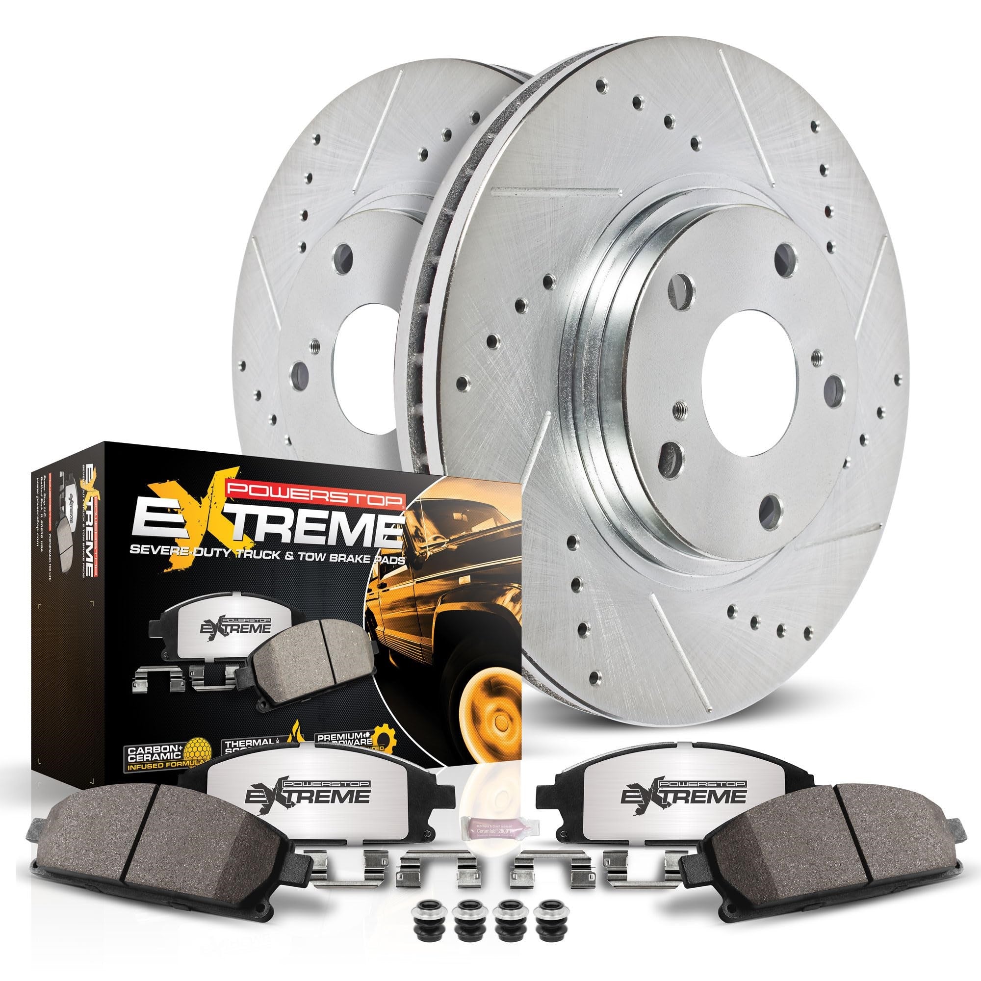 Power Stop K5579-36 Rear Z36 Truck & Tow Brake Kit, Carbon Fiber Ceramic Brake Pads And Drilled/Slotted Brake Rotors For Ford F-350 Super Duty, Ford F-450 Super Duty [Model Specific]