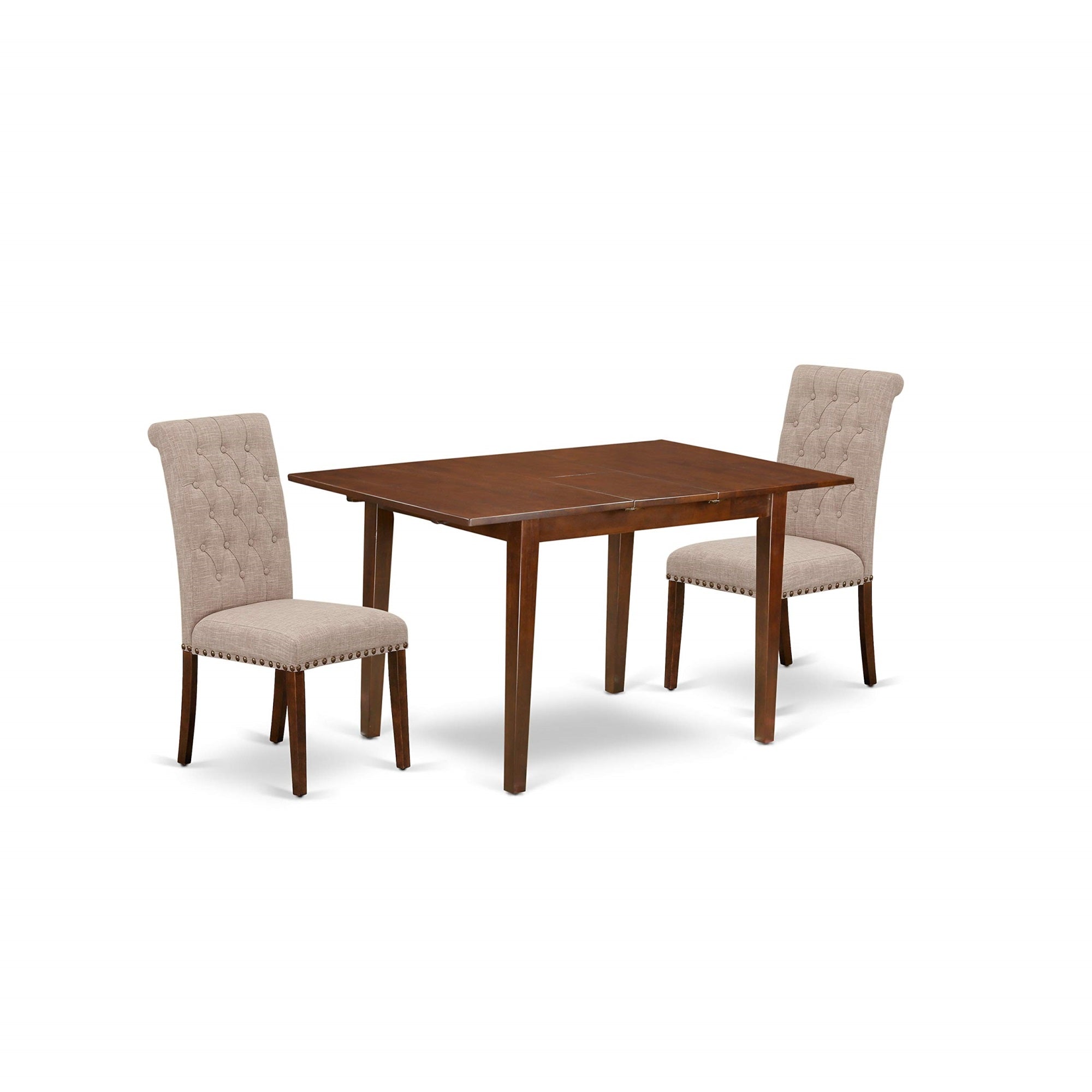 East West Furniture Psbr3-Mah-04 3 Piece Kitchen Set Contains A Rectangle Dining Table With Butterfly Leaf And 2 Light Tan Linen Fabric Parson Chairs