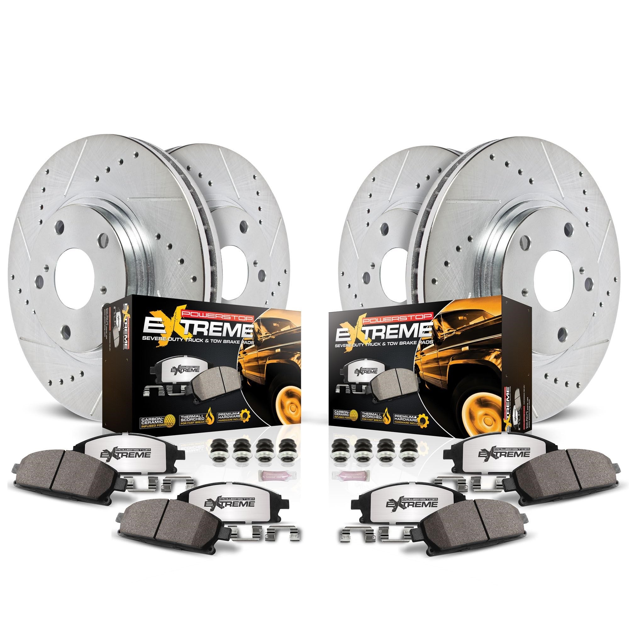 Power Stop K2070-36 Front And Rear Z36 Truck & Tow Brake Pads And Drilled And Slotted Brake Rotors Brake Kit For Cadillac Escalade|Chevrolet Avalanche|Chevy Silverado Suburban Tahoe|Gmc Sierra|Yukon