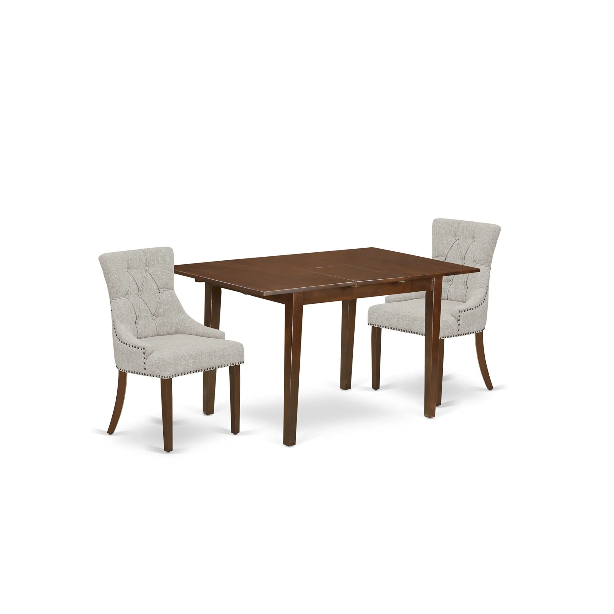 East West Furniture Psfr3-Mah-05 3 Piece Set Contains A Rectangle Dining Room Table With Butterfly Leaf And 2 Doeskin Linen Fabric Upholstered Chairs, 60 X 32 X 30