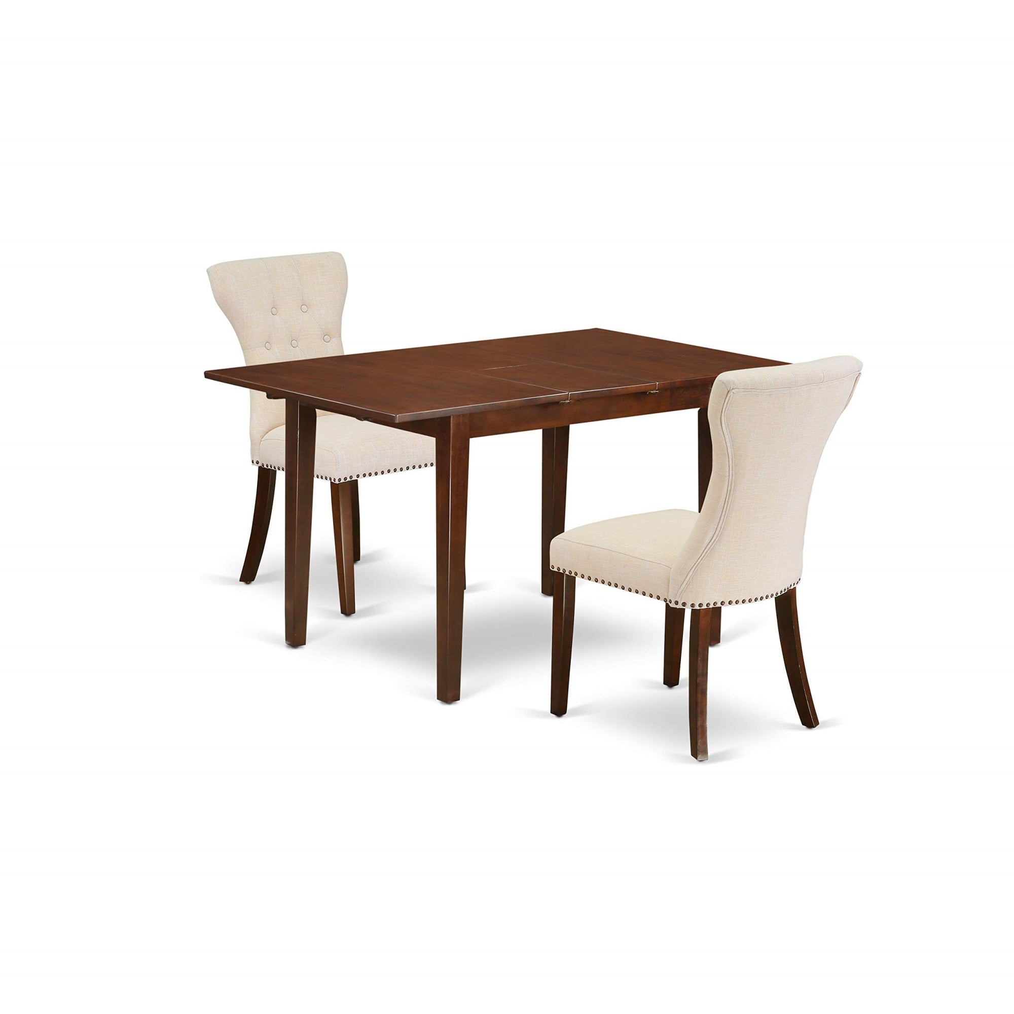 East West Furniture Psga3-Mah-32 3 Piece Kitchen Set Contains A Rectangle Dining Room Table With Butterfly Leaf And 2 Light Beige Linen Fabric Parson Chairs, 32X60 Inch