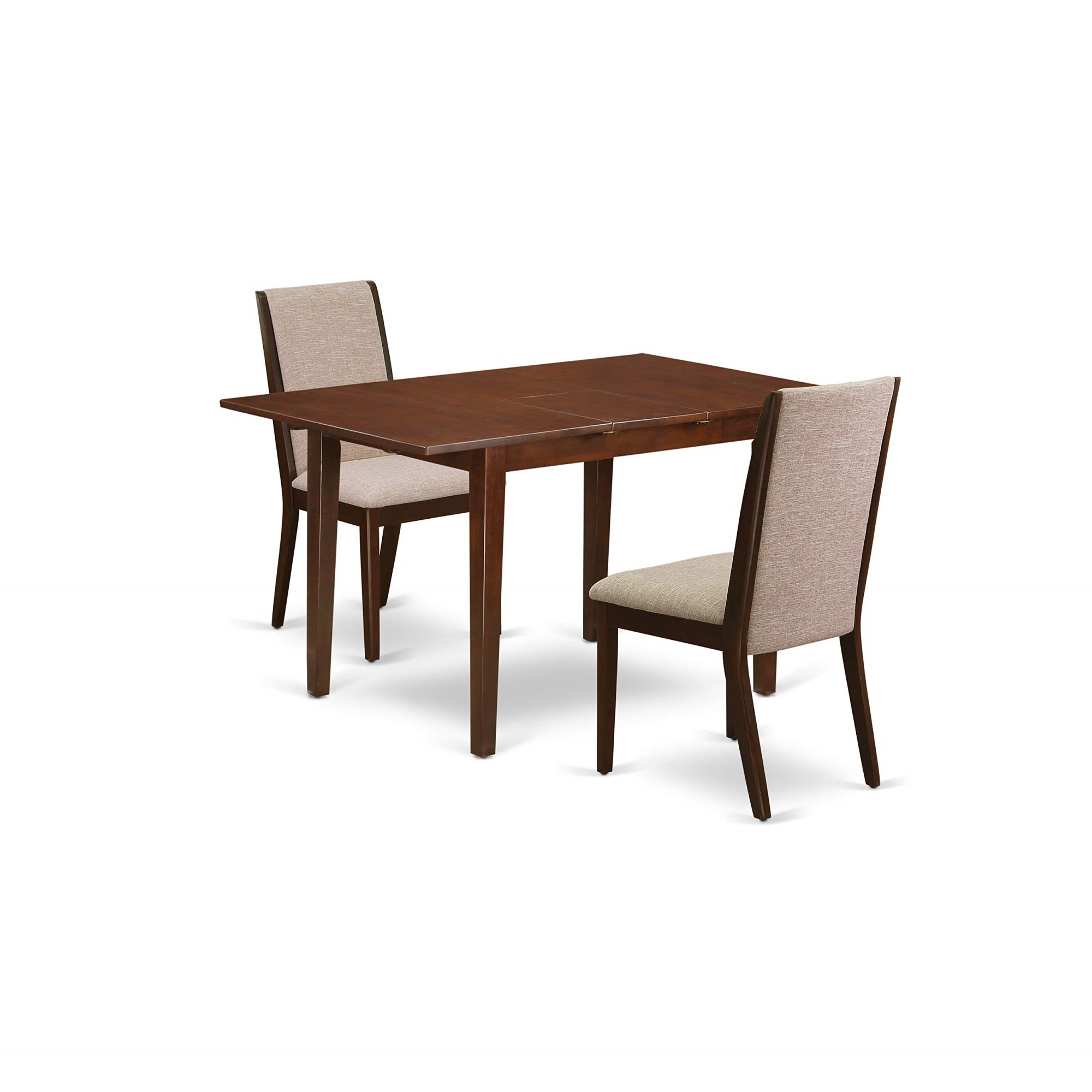 East West Furniture Psla3-Mah-04 3 Piece Dining Room Set Contains A Rectangle Wooden Table With Butterfly Leaf And 2 Light Tan Linen Fabric Upholstered Chairs, 32X60 Inch