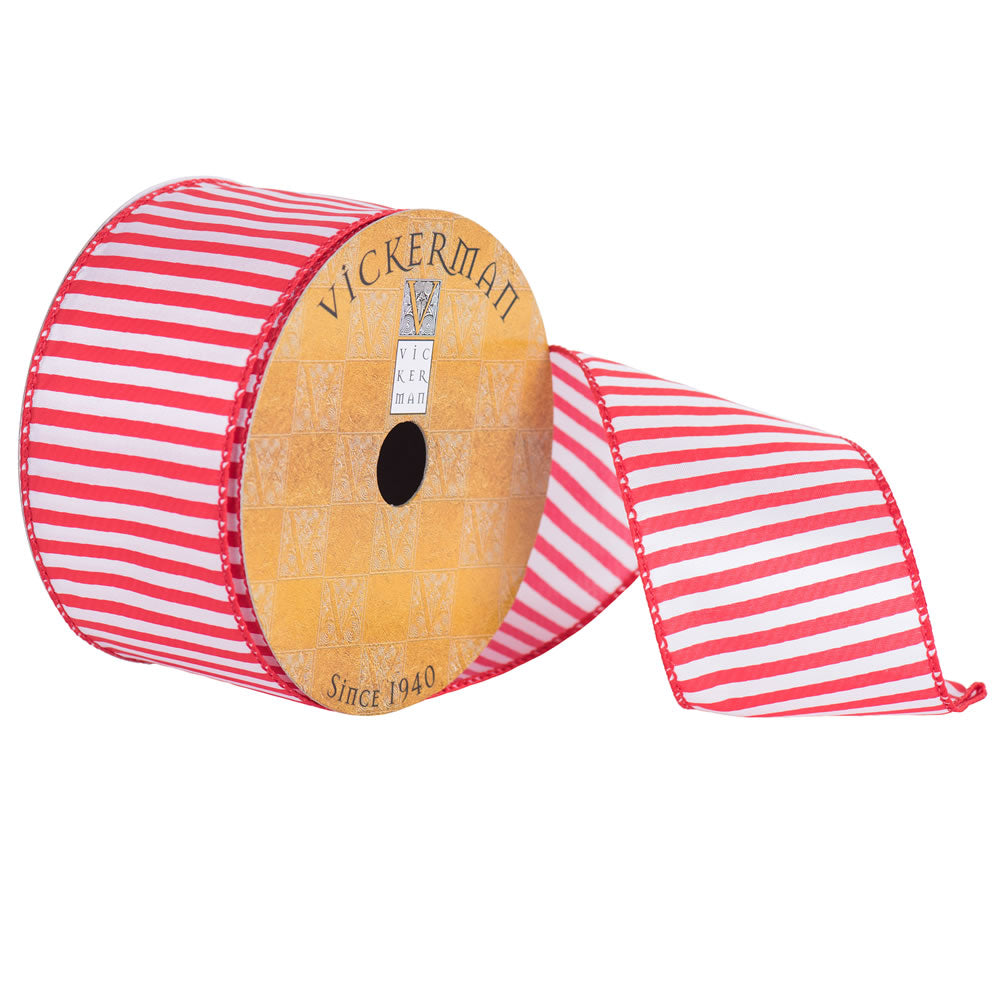Vickerman 2.5” x 10yd White Red Nylon Stripe Wired - Q170060