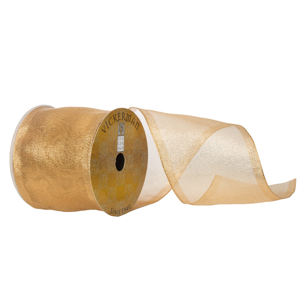 Vickerman 4” x 10yd Gold Shiny Wired - Q170119