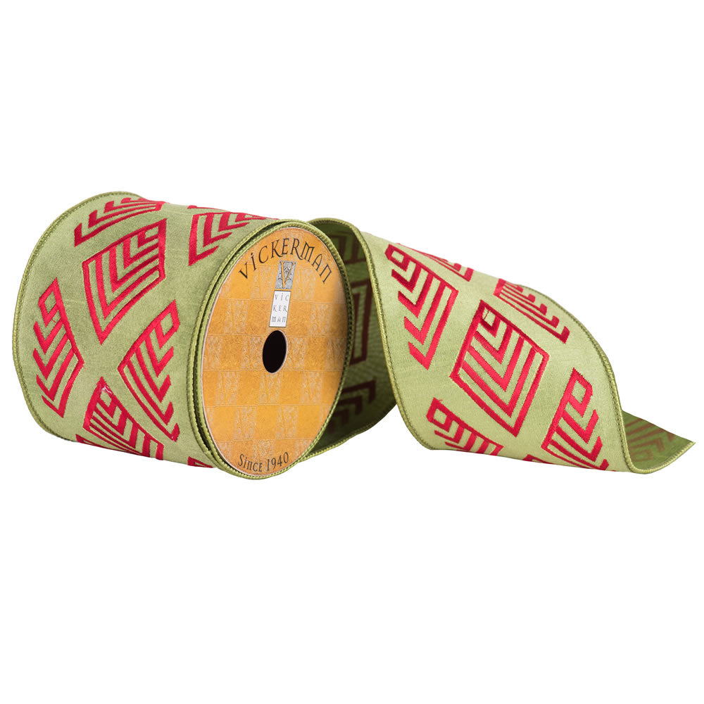 Vickerman 4” x 10yd Green Red Embroider Tiles - Q172149