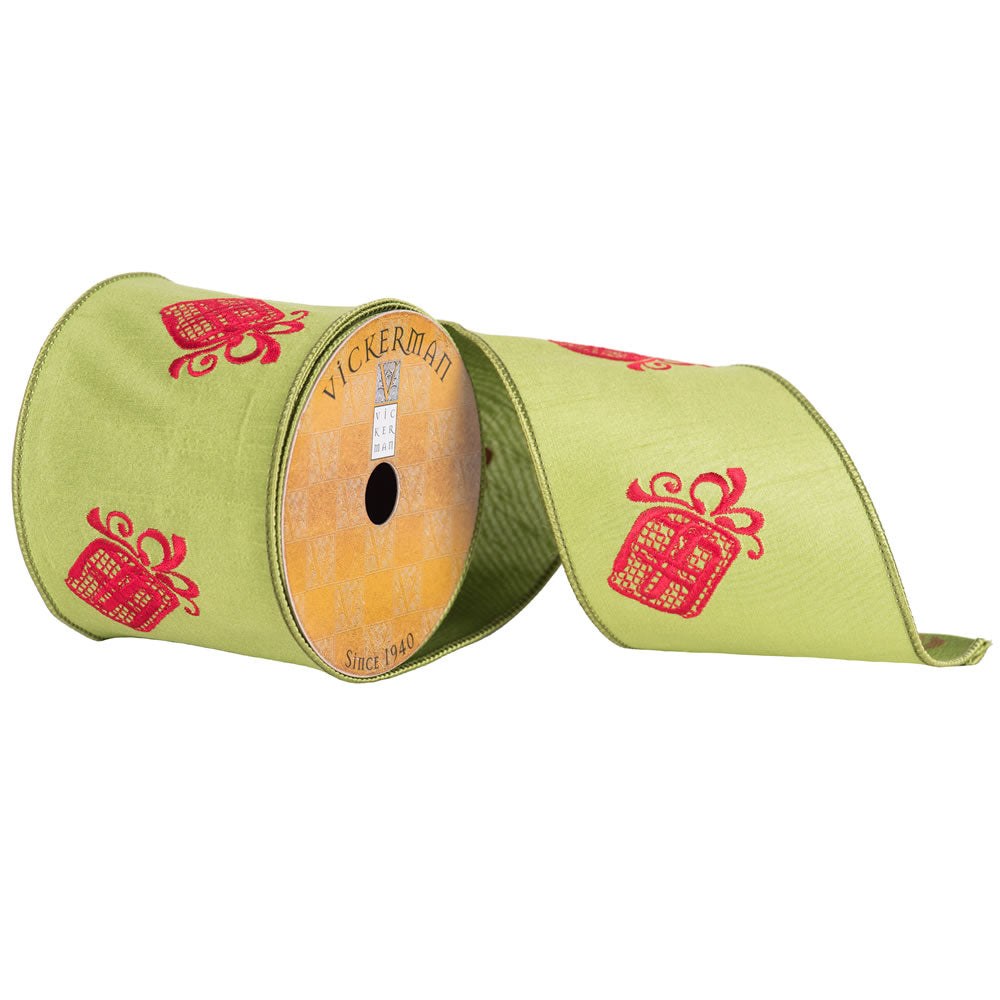 Vickerman 4 X 10Yd Green Red Embroider Gift Box - Q172152
