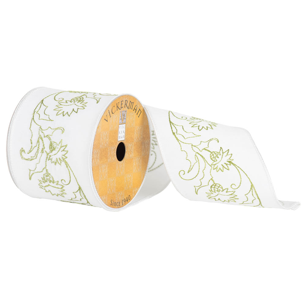 Vickerman 4 X 10Yd White Green Embroider Flower - Q172156