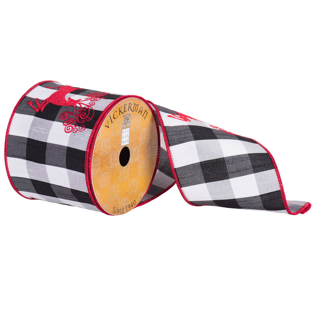 Vickerman 4” x 10yd Red Embr Swirl Reindeer Plaid - Q172168