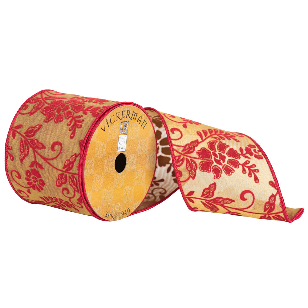 Vickerman 4” x 10yd Sheer Gold Red Flower Scroll - Q172305