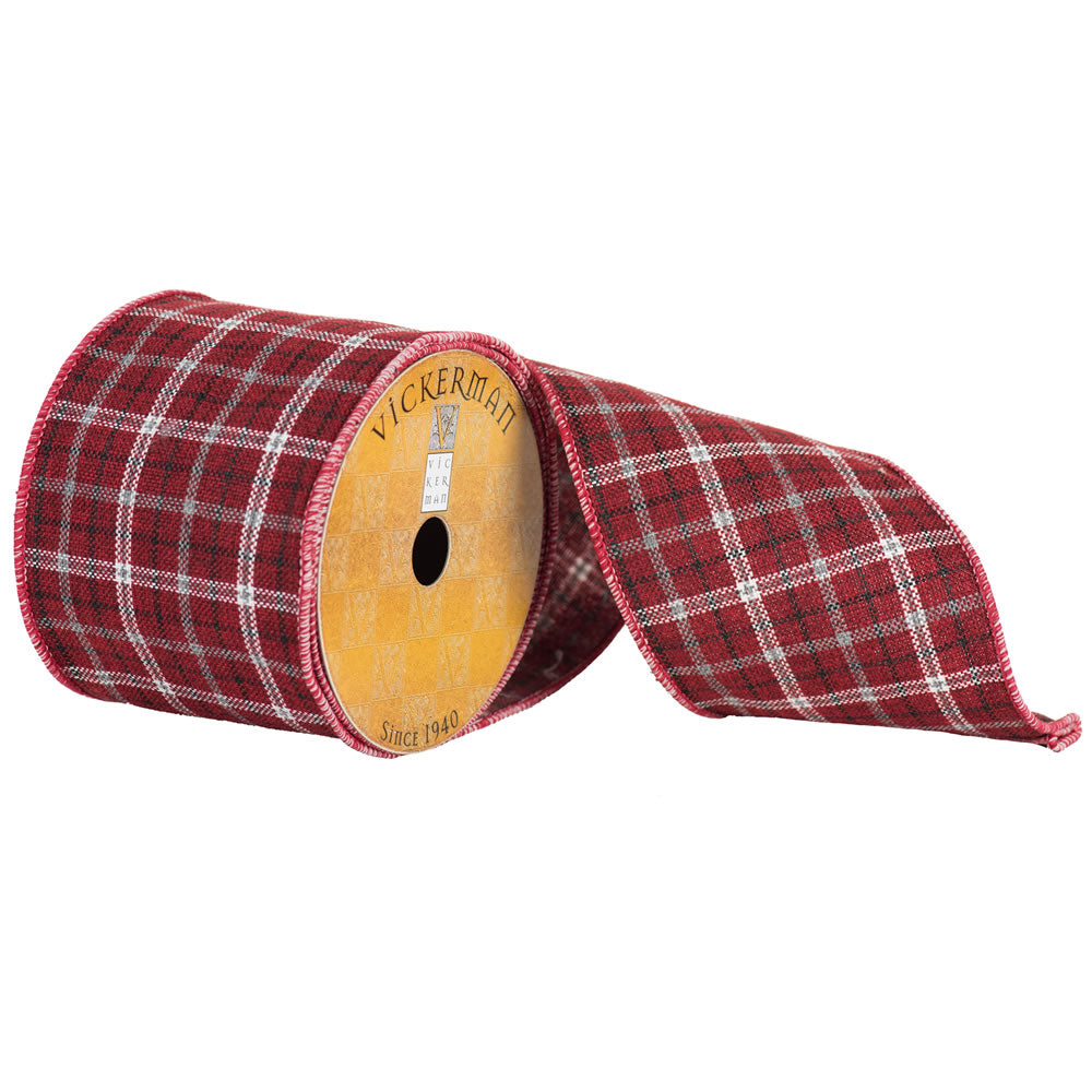 Vickerman 4” x 10yd Red White Silver Plaid - Q172512