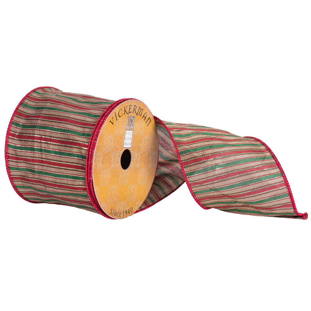 Vickerman 4” x 10yd Tan Red Green Stripes - Q172740